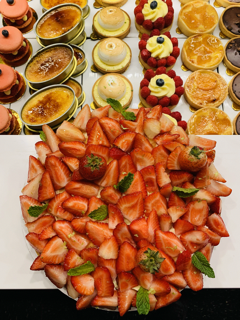 Assorted pastries and fruit tart with strawberries and mint leaves