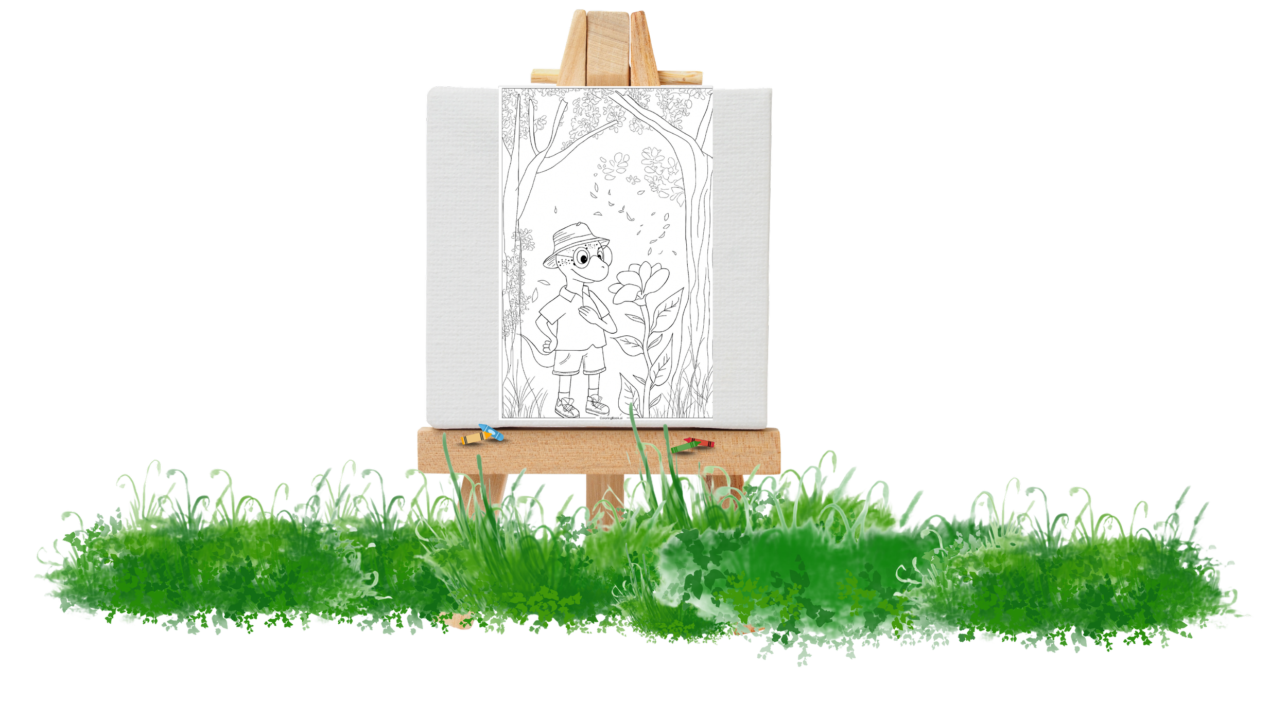 Hand-drawn easel with a line art sketch of Larry the Dinosaur standing in a forest