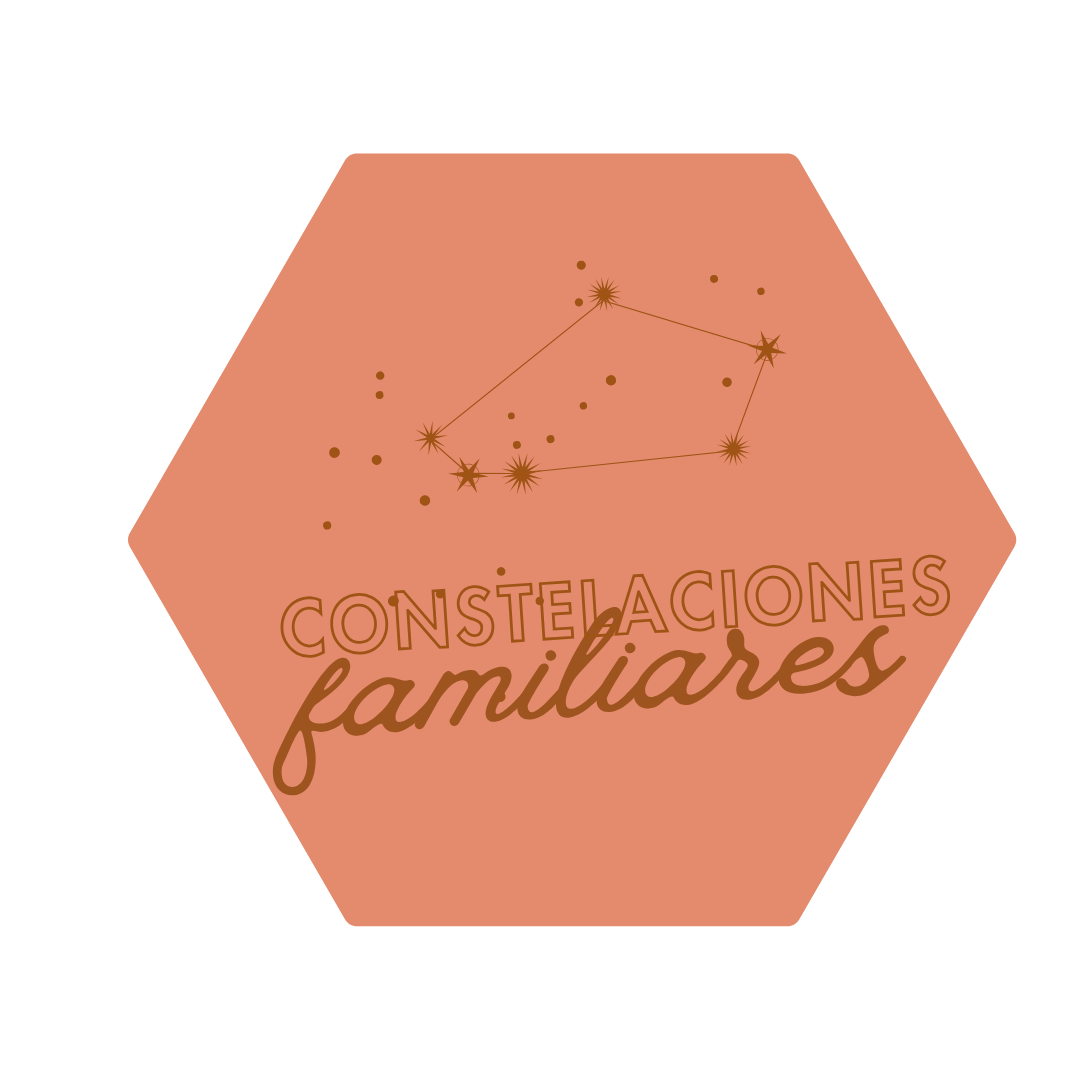 Logotipo con hexágono color terracota, constelaciones familiares en letras grandes y cursivas, y un diagrama de constelaciones estelares en la parte superior