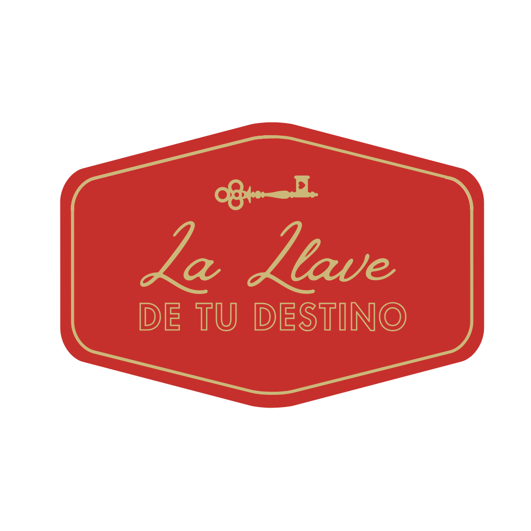 Logotipo con un candado antiguo y la llave en color dorado, con texto que dice 'La Llave de tu Destino' en letras doradas sobre fondo rojo.