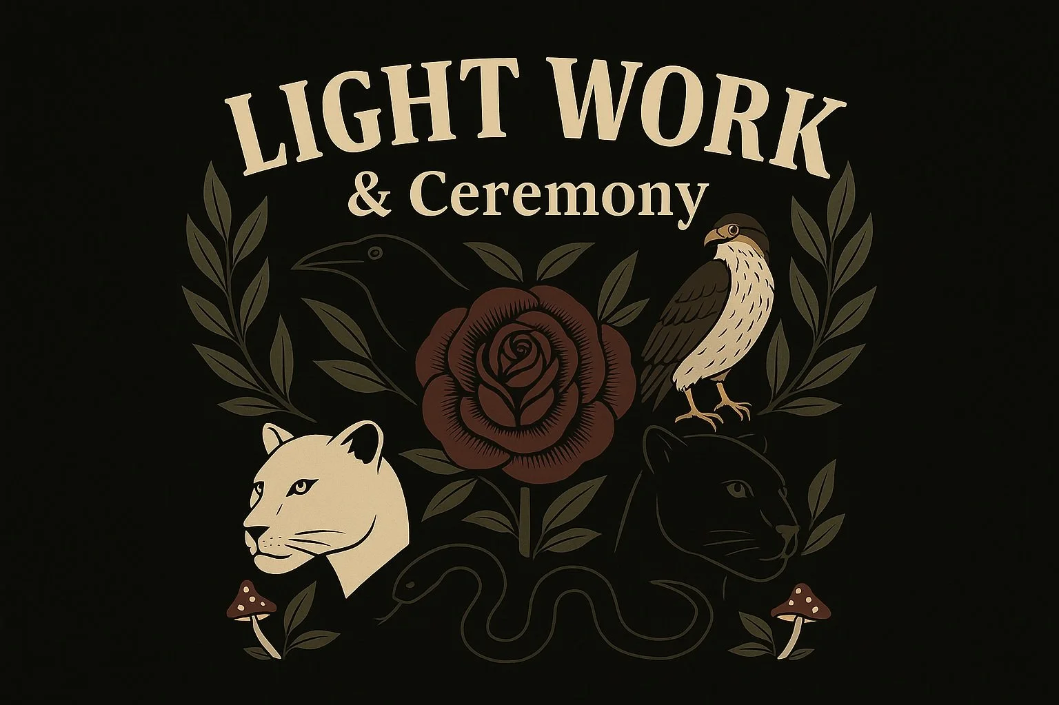A black background with beige text that reads 'Light Work & Ceremony.' The image features illustrations of a rose, a bird, a snake, and two animal heads that resemble a lion and a panther, surrounded by leaves and small mushrooms.