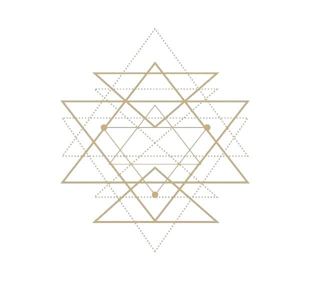 Sacred geometry of interconnected golden triangles, circles, and dotted lines on a white background.