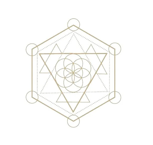 Sacred geometry of a central flower of life pattern surrounded by a hexagon, with additional dotted and solid lines, circles, and triangles, all in gold on a white background.