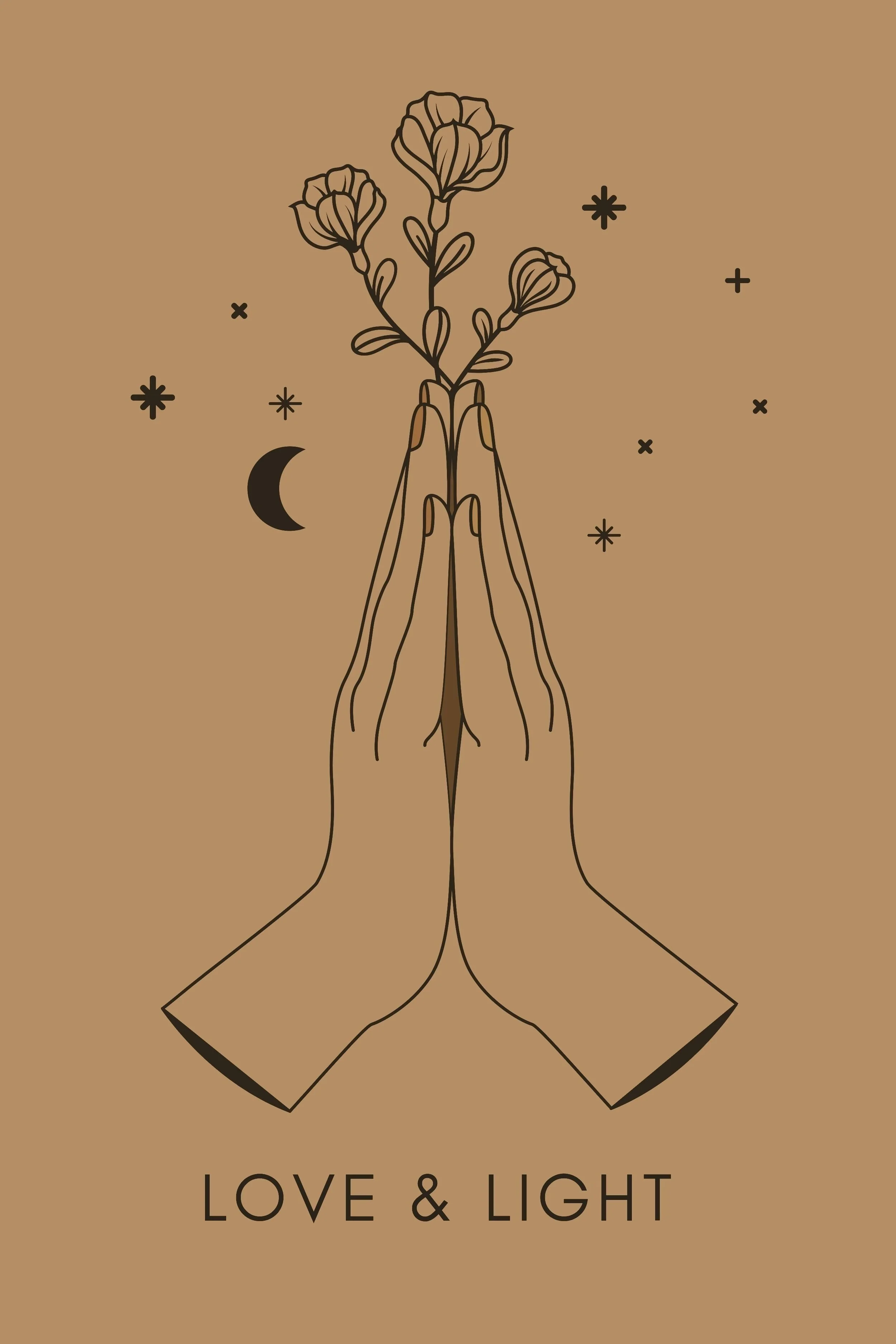 Minimalist illustration of two hands in a prayer position with a plant growing between them, surrounded by stars and a crescent moon, on a beige background, with the words "Love & Light" below.