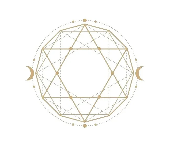 Sacred geometry of interlocking shapes, crescent moons on the sides, and small dots arranged in a circle.