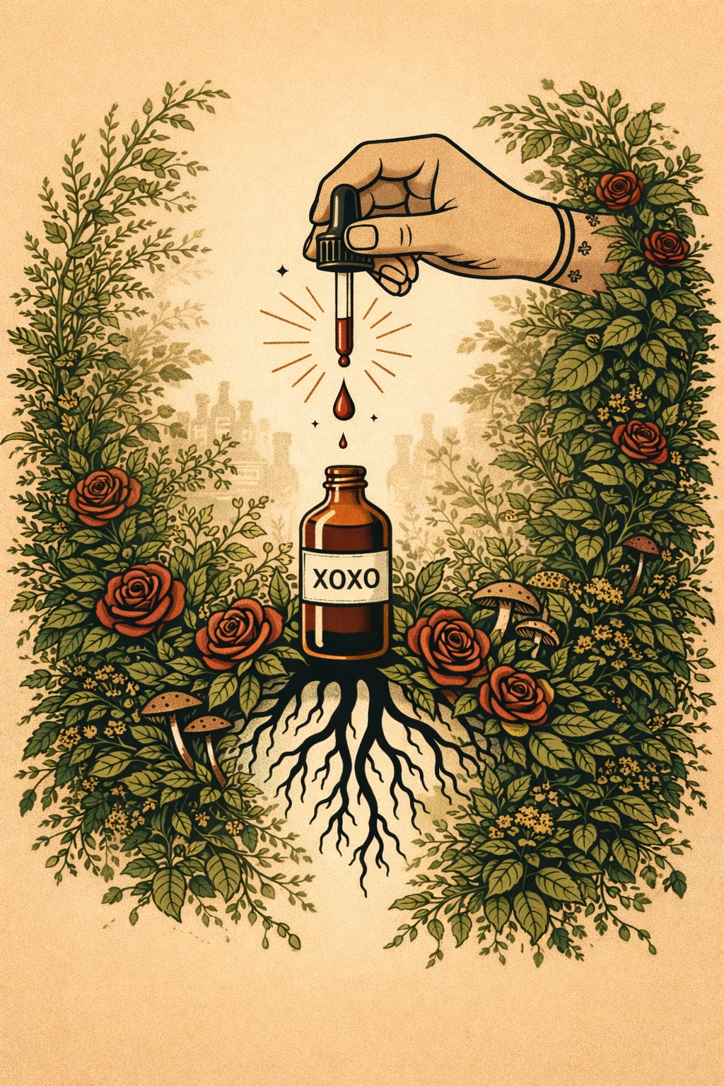 A tattoo-style illustration of a hand holding a dropper above a medicine bottle labeled XOXO. The dropper releases a drop into the bottle, with a decorative wreath of roses, leaves, and mushrooms surrounding it. Roots grow from the bottle, and a faint cityscape can be seen in the background.