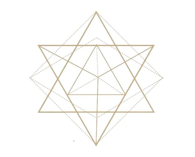 Sacred geometry of multiple overlapping lines and star-like shapes in gold and silver colors.