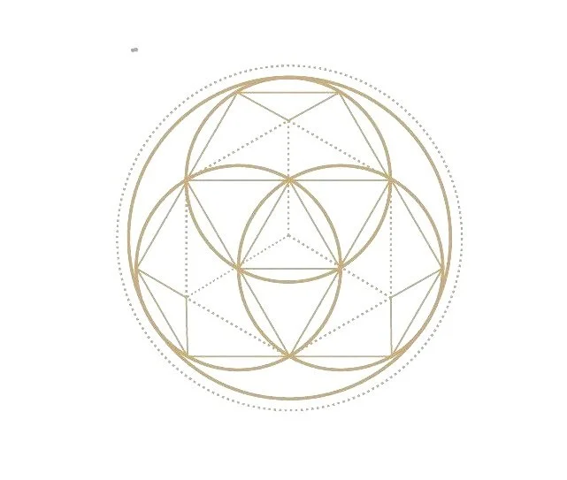 Sacred geometry of interlocking circles, squares, and triangles in a circular pattern with gold lines on a white background.