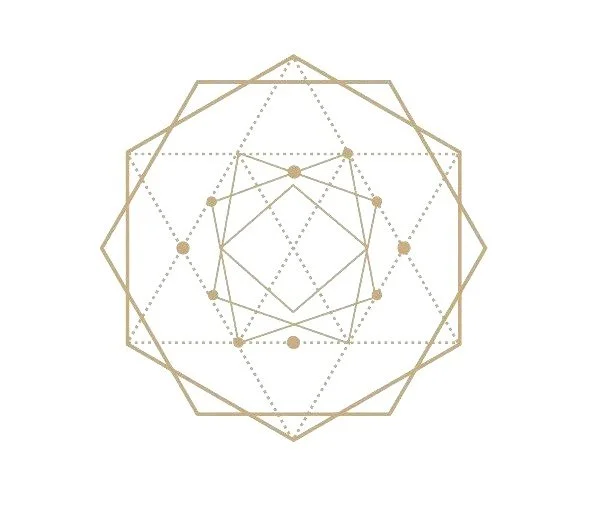 Sacred geometry of multiple interlocking shapes and dotted lines in gold color on a white background.