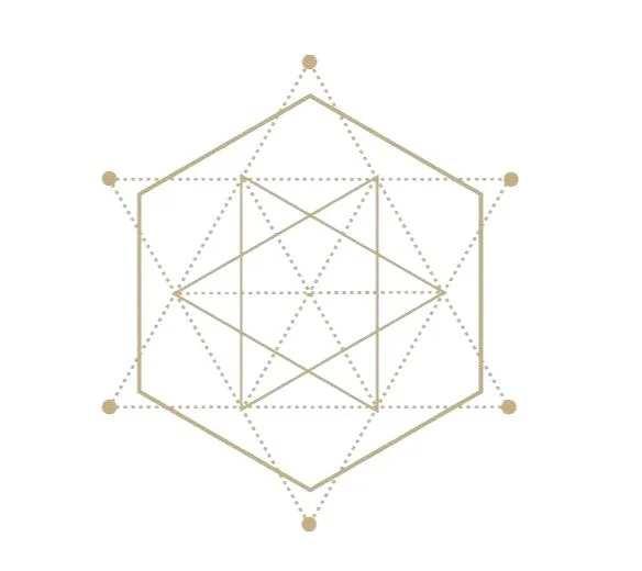 Sacred geometry of overlapping lines and dots forming a star within a hexagon, in gold and white colors.