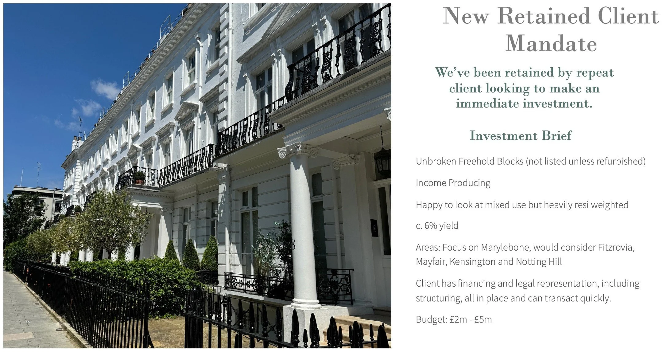🔍 New Retained Client Search &ndash; Prime Central London 🔍

We&rsquo;ve been retained by a repeat client looking to make an immediate investment.

📌 Investment Criteria:

&ndash; Unbroken freehold blocks (not listed unless refurbished)
&ndash; In