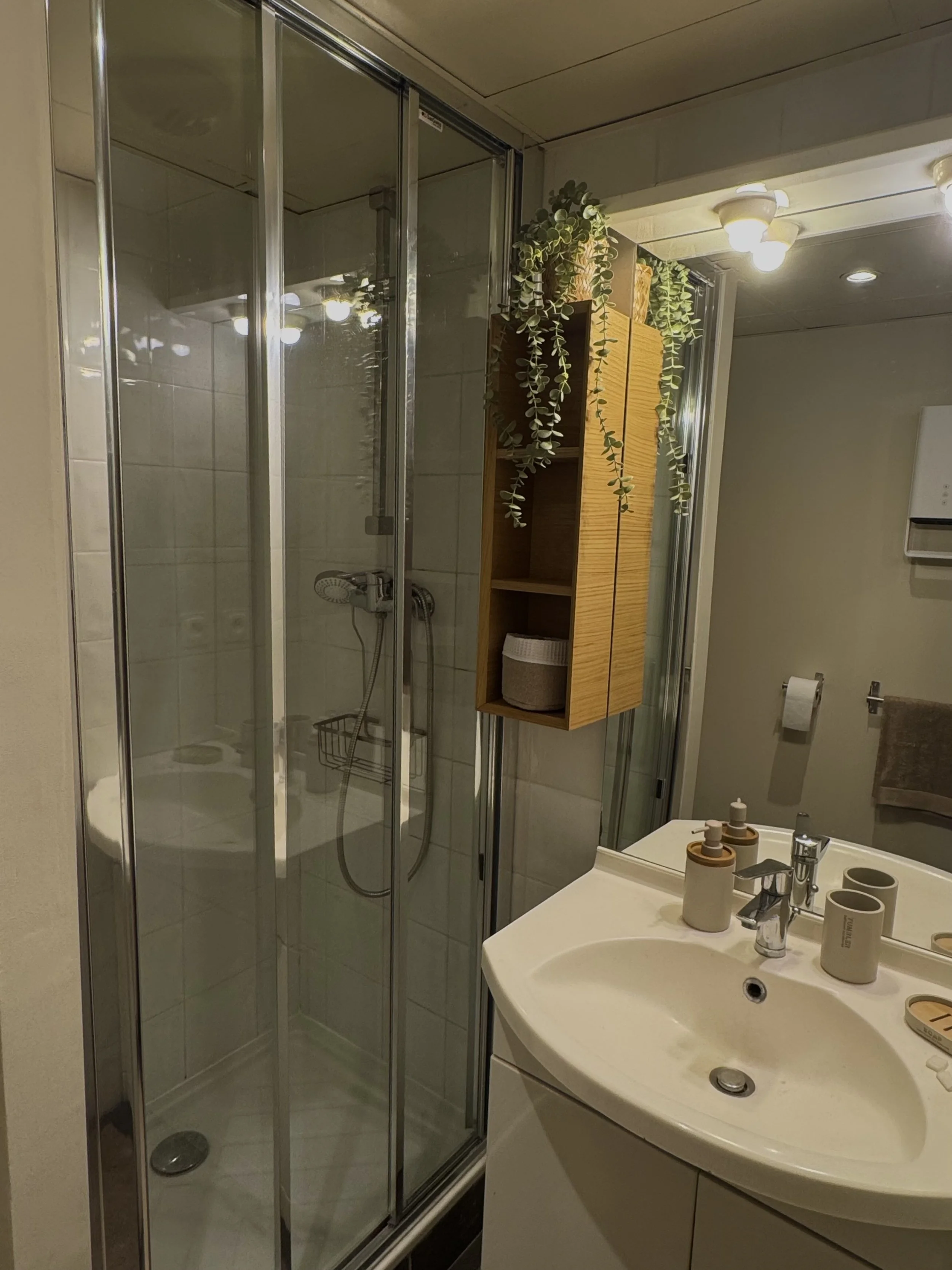 Salle de bain moderne de la Suite Terracotta : douche, vasque, WC et rangements dans un espace fonctionnel et apaisant au cœur de Lyon 5.