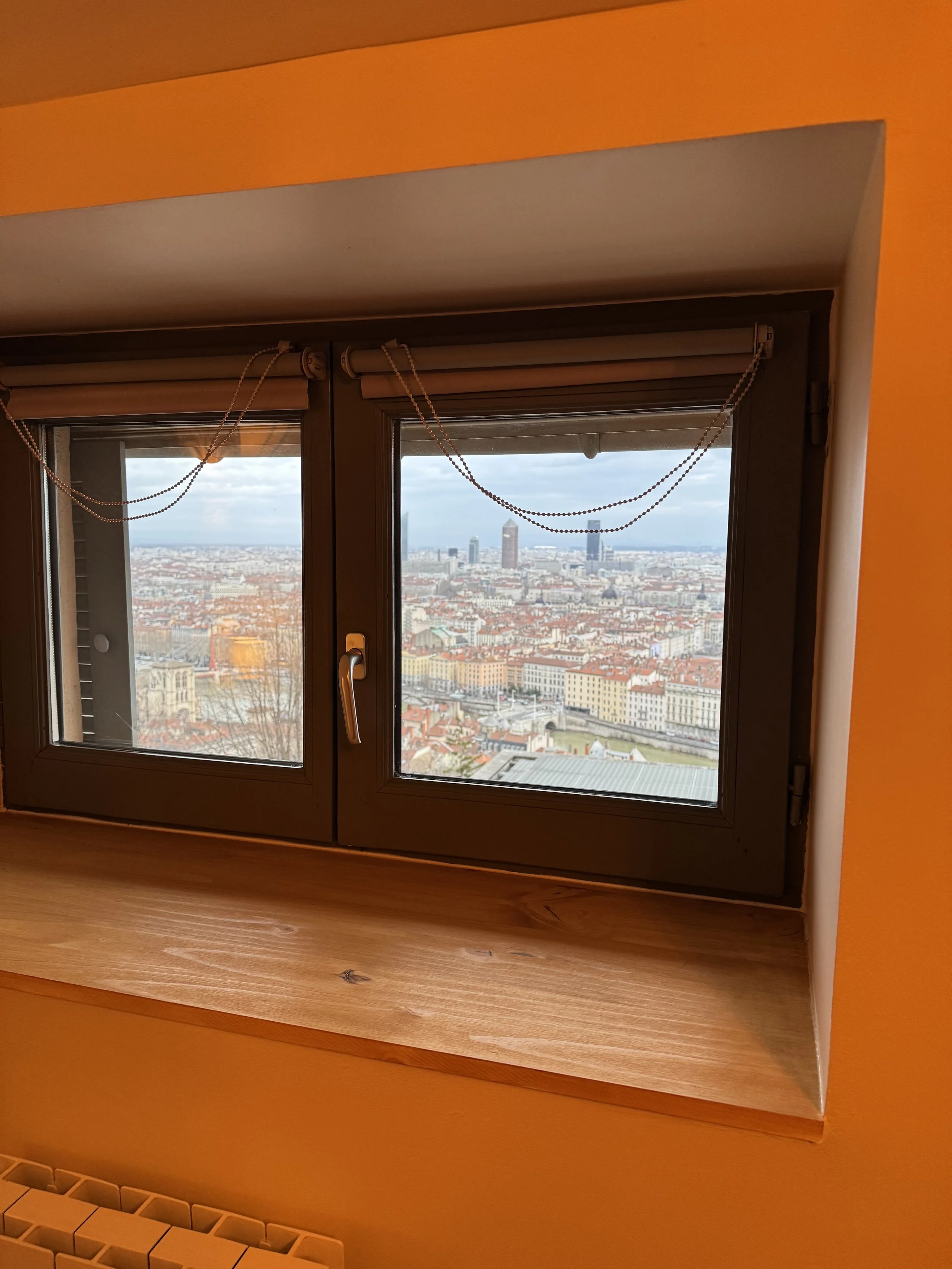 Vue depuis une fenêtre avec un paysage urbain comprenant de nombreux bâtiments et immeubles, avec des gratte-ciel en arrière-plan, sous un ciel nuageux.