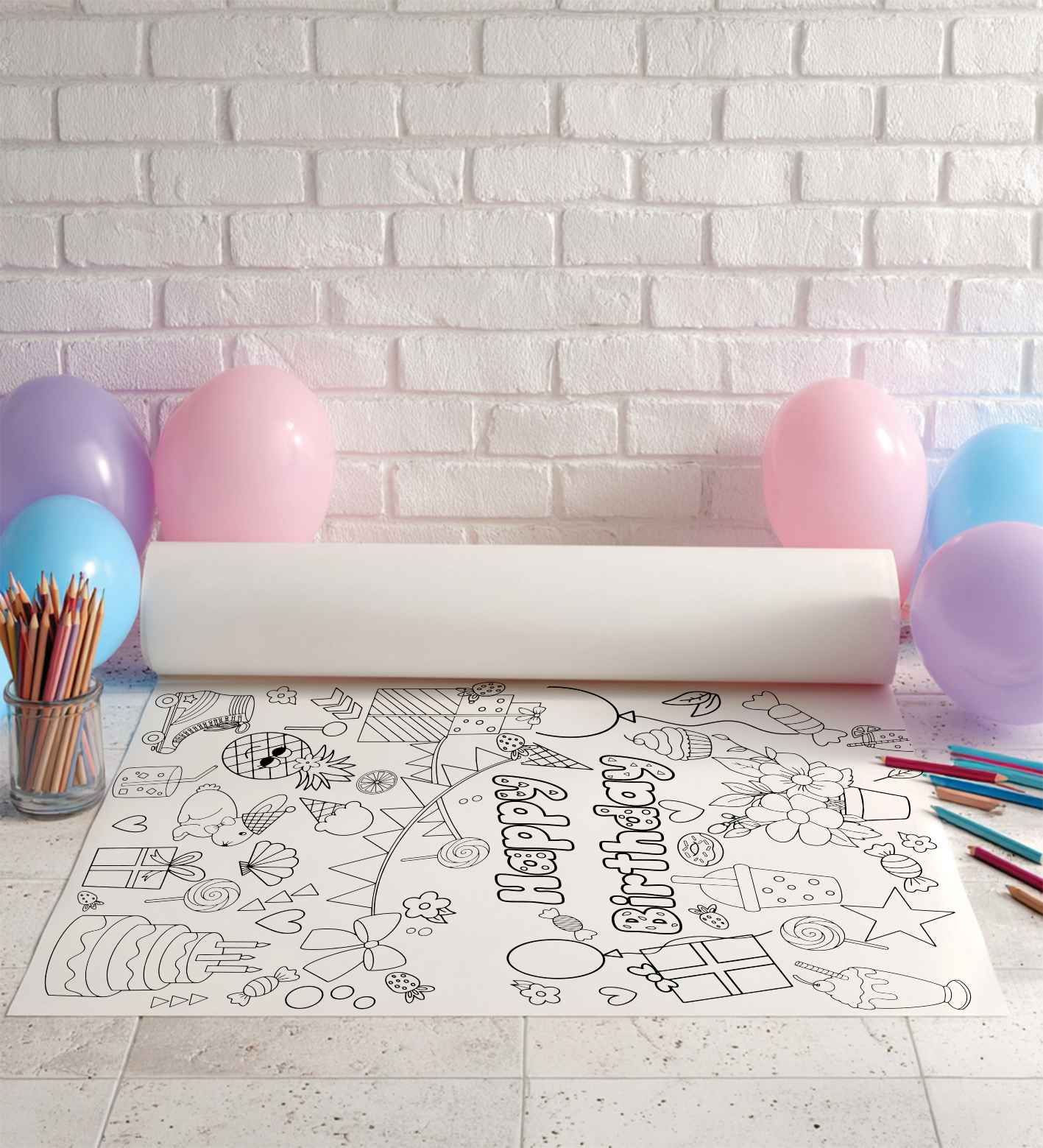 Colouring in paper roll. Happy birthday themed. Fun for all