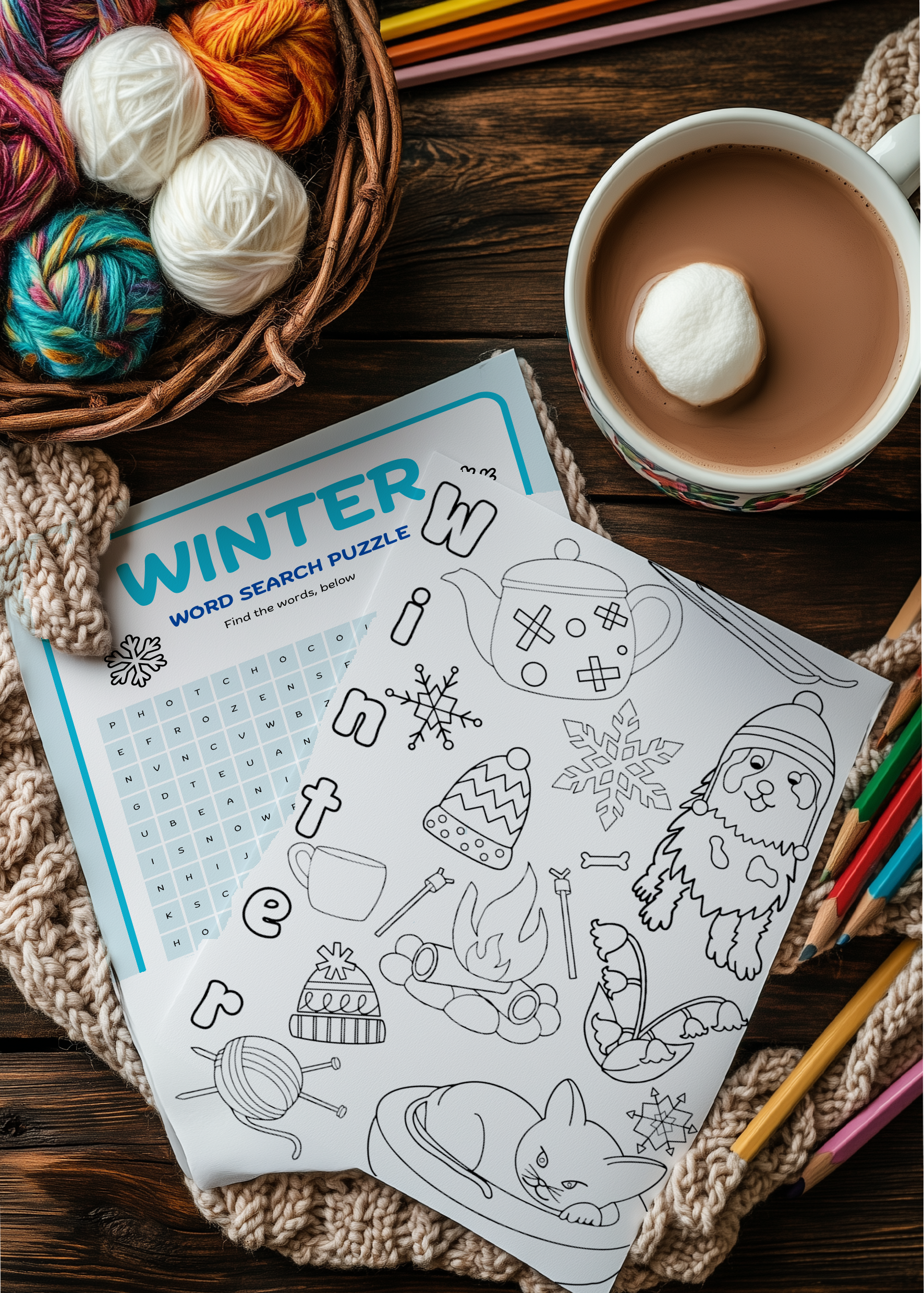 Winter colouring in sheet plus find a word