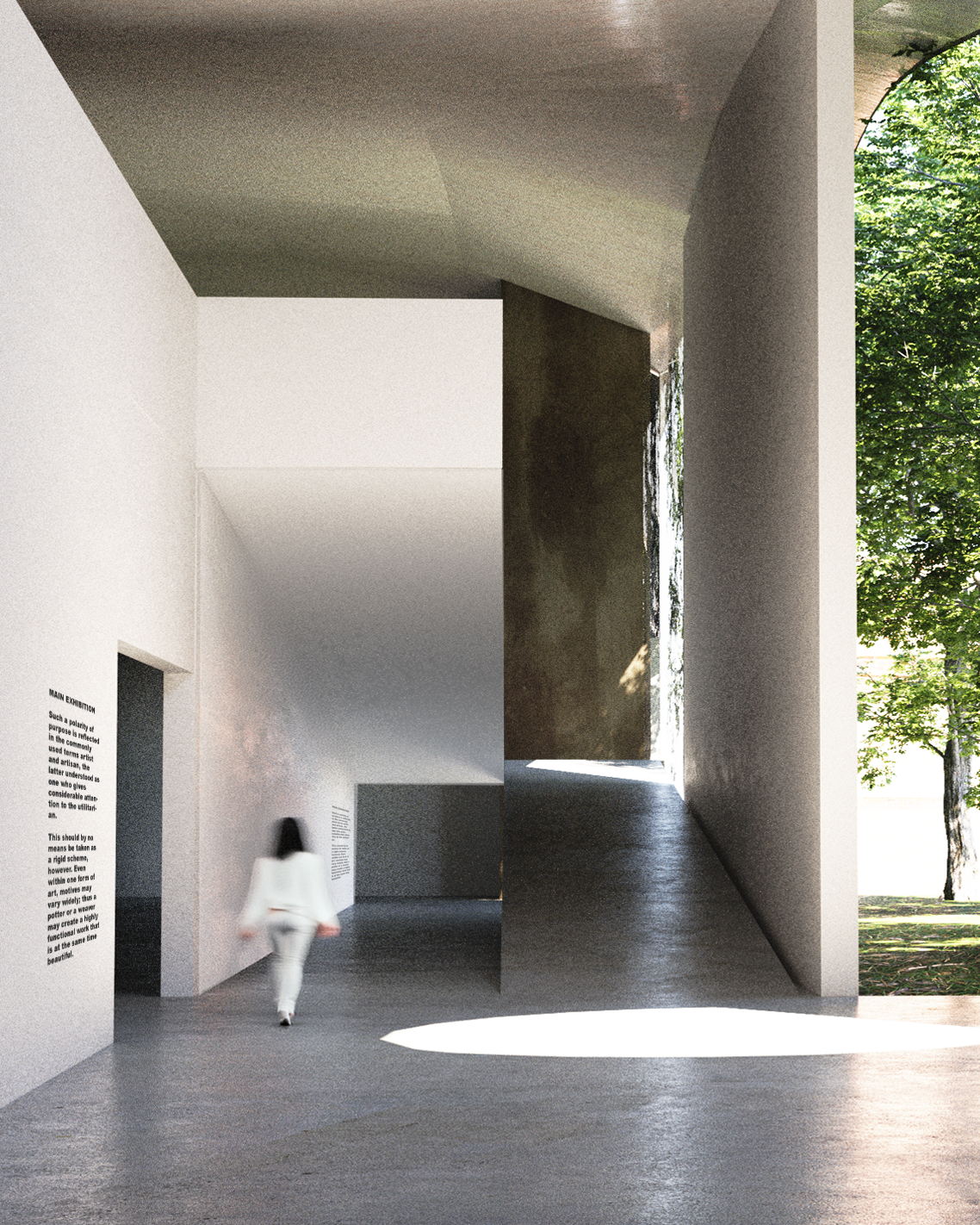 Interior of a modern minimalist architecture space with high ceilings, smooth white walls, and a concrete floor. A person is walking away from the camera towards an open space. There is natural light streaming in from large windows, with greenery visible outside.