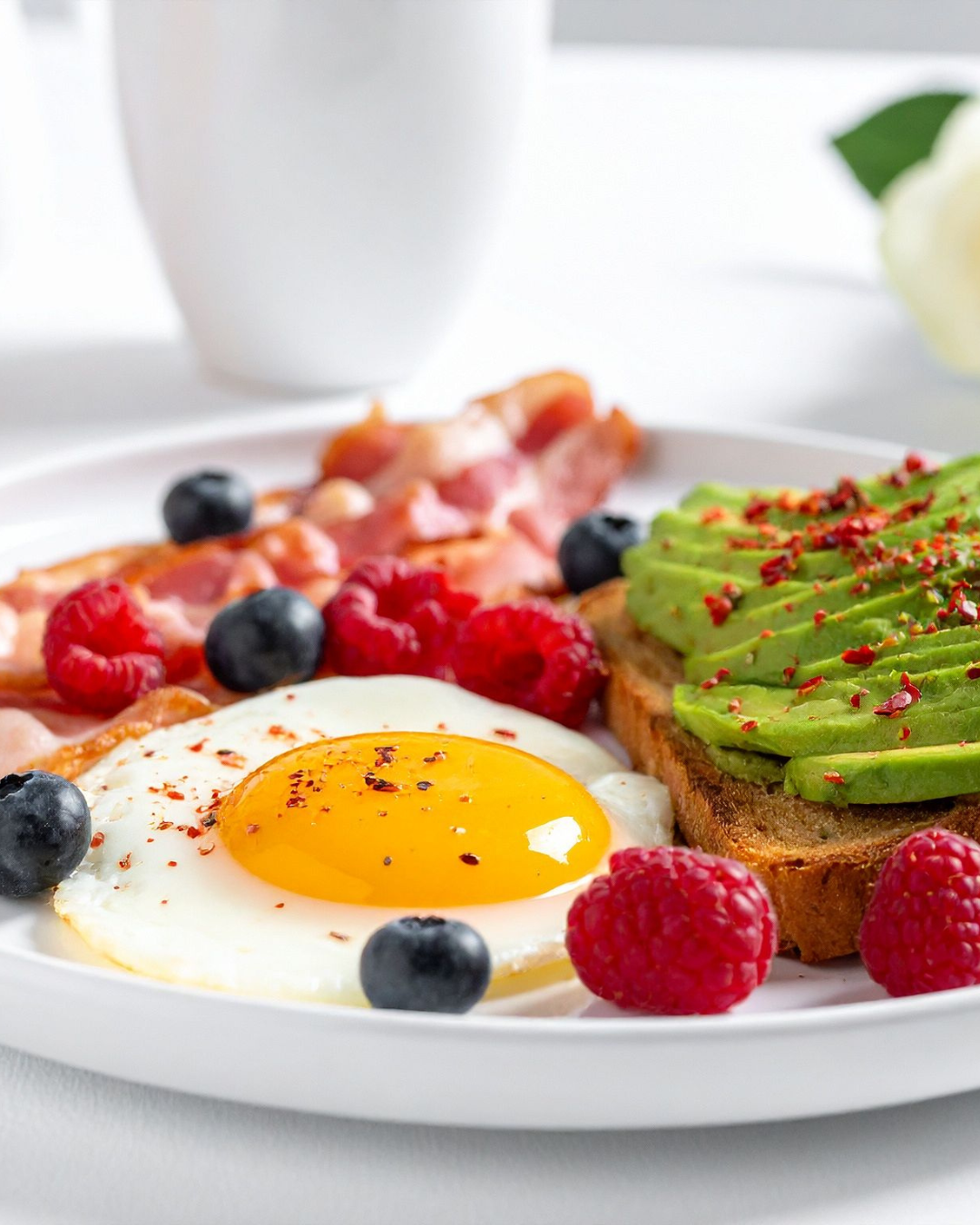 Gezond ontbijt met ei, avocado en bessen op een bord.