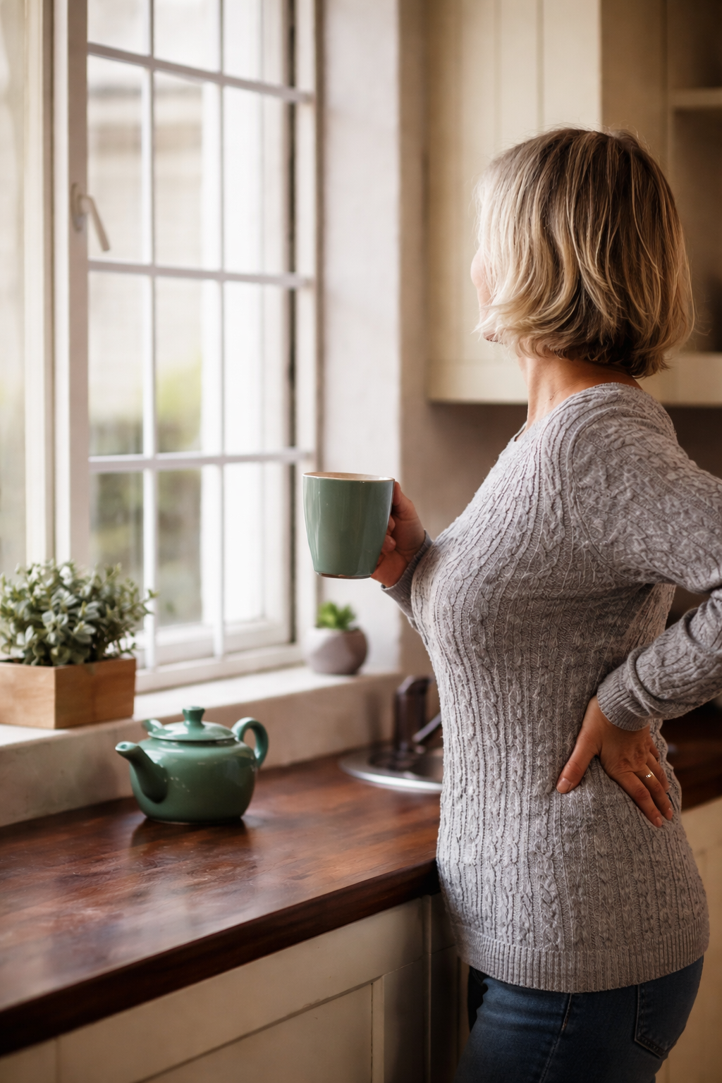 Vrouw kijkt uit het raam met een kop thee in de hand, rustig moment van ontspanning en herstel