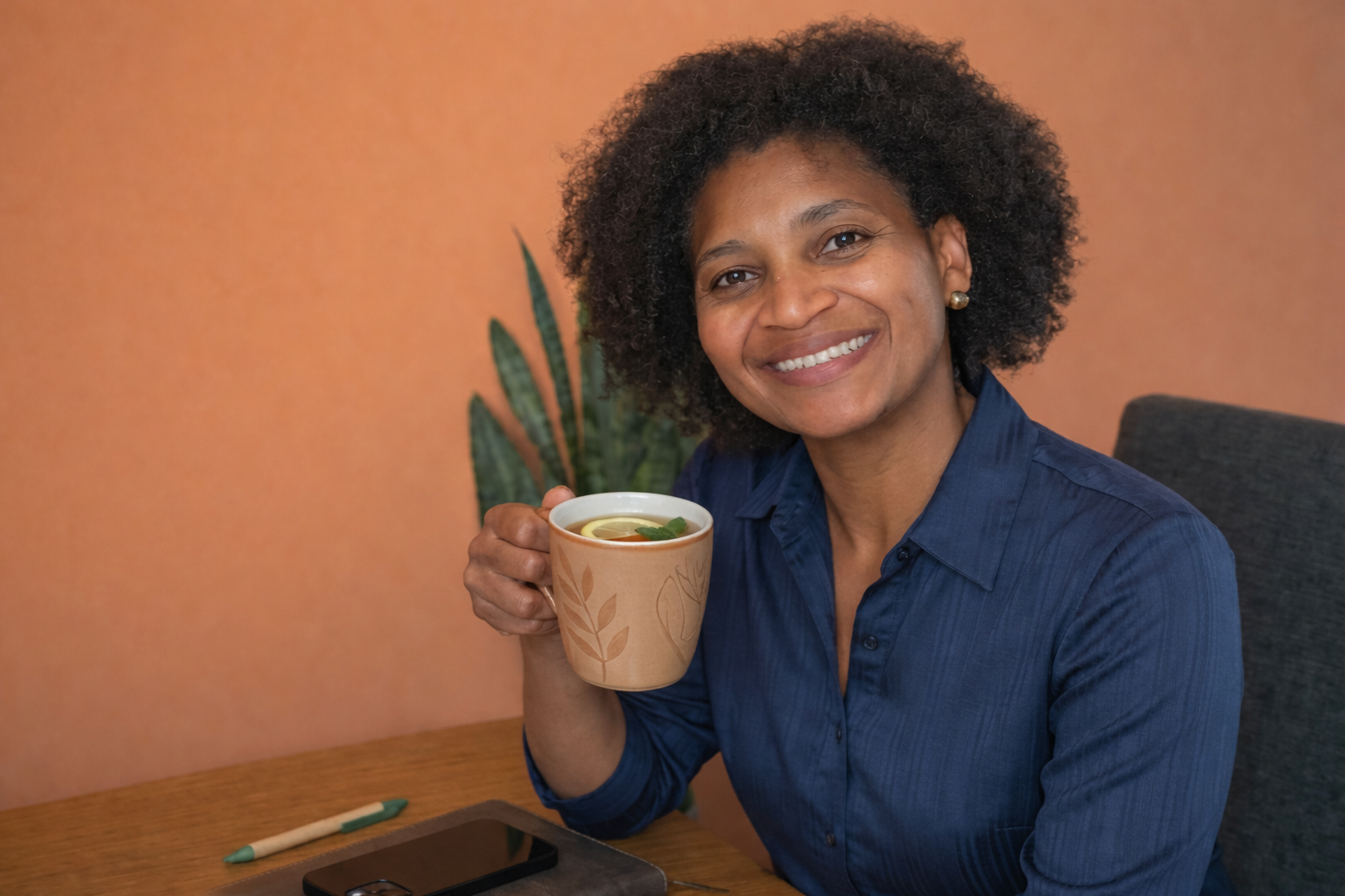 Portret van Fátima, leefstijlcoach voor vrouwen 45+, met een kop thee aan tafel en een warme glimlach.