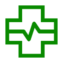 Simbolo di una croce verde con un tracciato di battito cardiaco al centro.