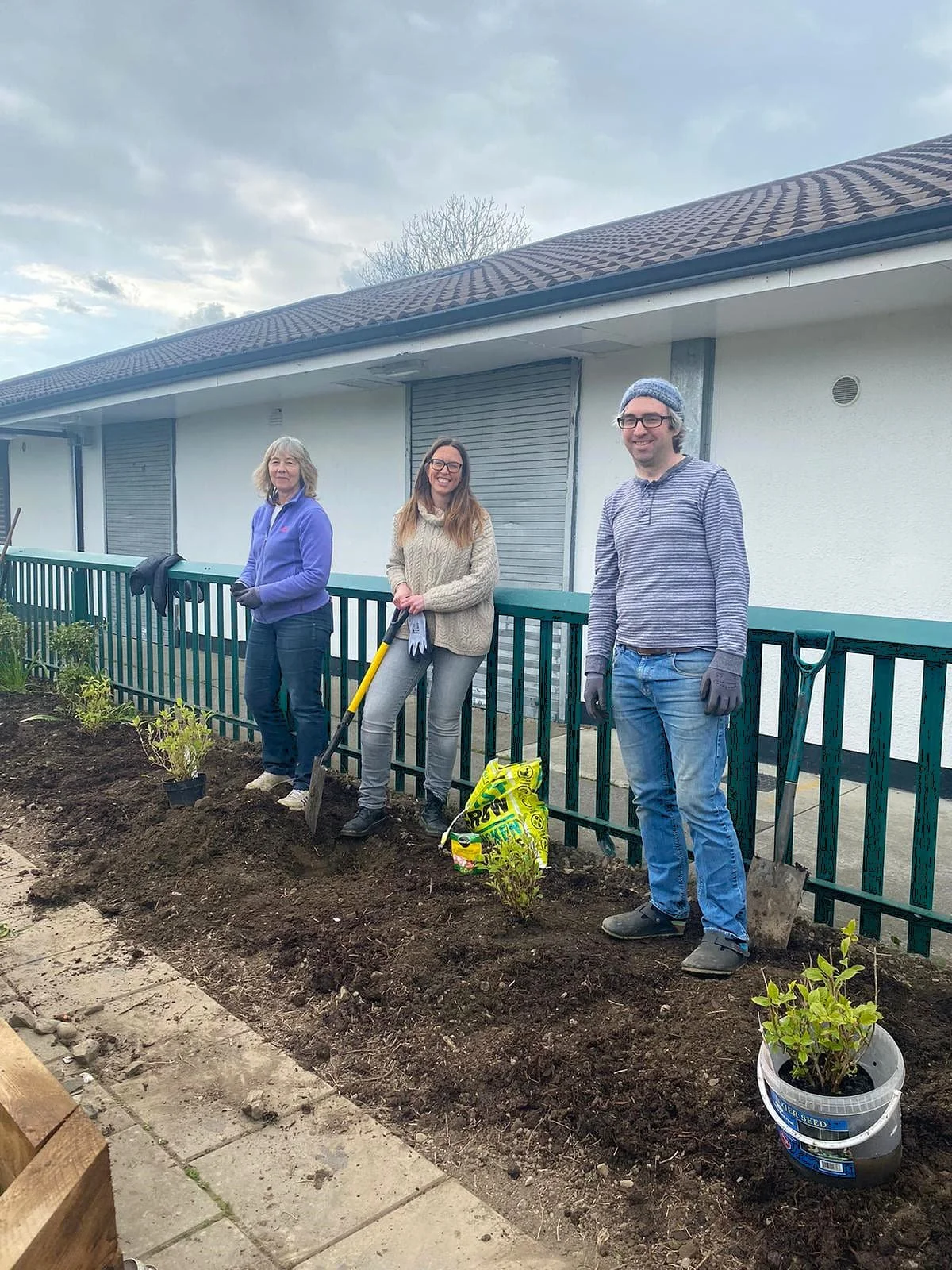 Three people working in the castleknock community center garden, planting shrubs, with gardening tools and supplies nearby, outside a building with a white wall and brown roof.
