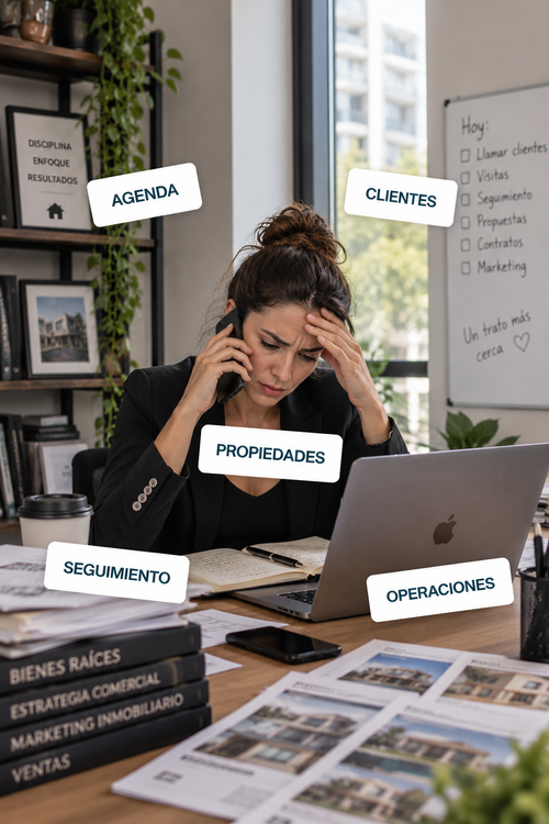 Asesor inmobiliario saturado entre agenda, clientes, propiedades, seguimiento y operaciones