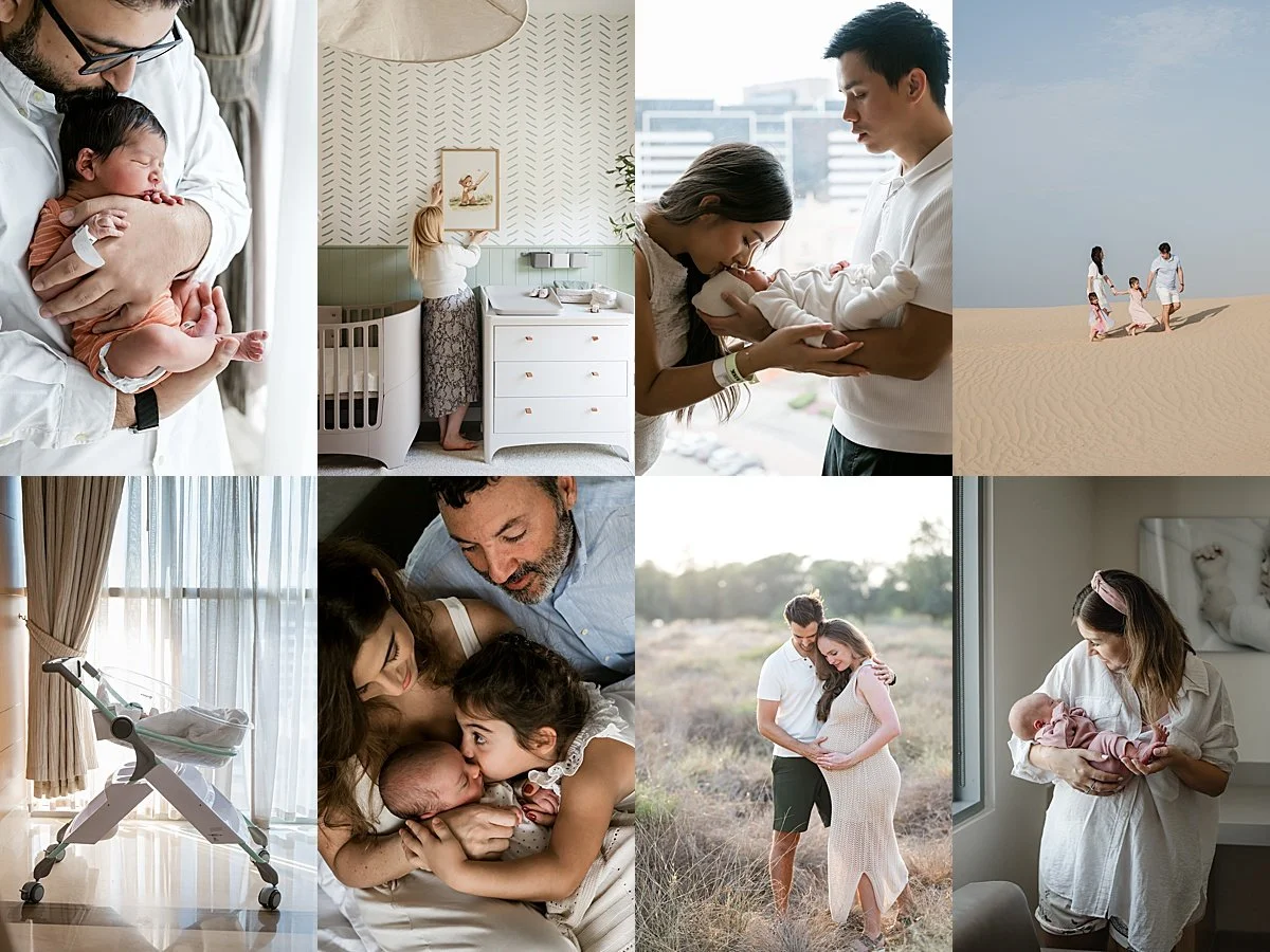 A collage of 8 photographs including gentle maternity and newborn photos and family photo by Dubai family photographer Lidiya Kalichuk.