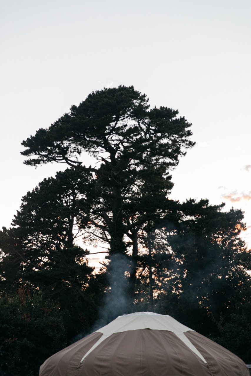 A round tent emitting smoke with large trees in the background against a dusk sky.