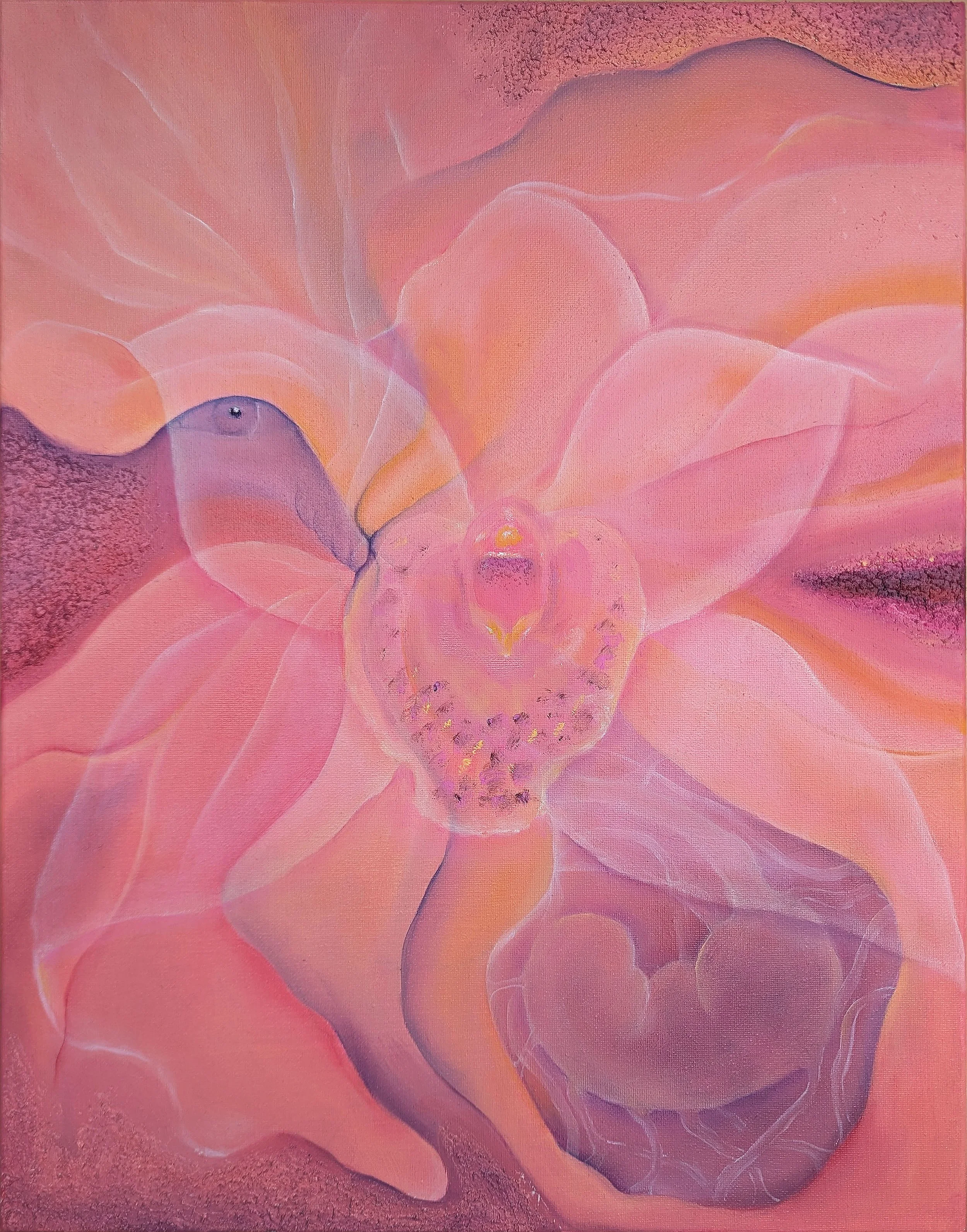 Vibrant abstract biomorphic painting in soft pink and peach tones, showcasing fluid, continuous botanical layers