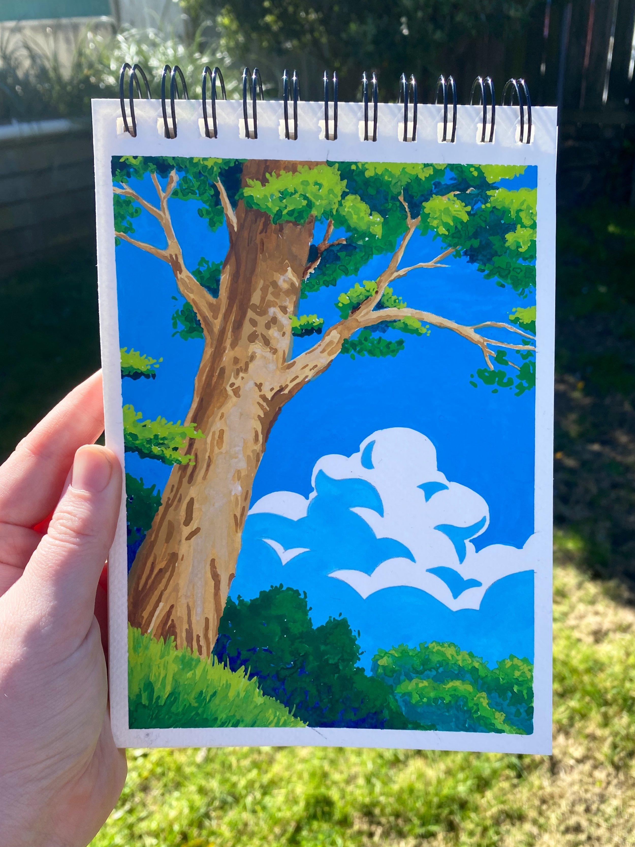 first page in my new sketchbook 🌳⛅️
ft. elvis

#gouache #illustration #landscapepainting #artist #gouachepainting