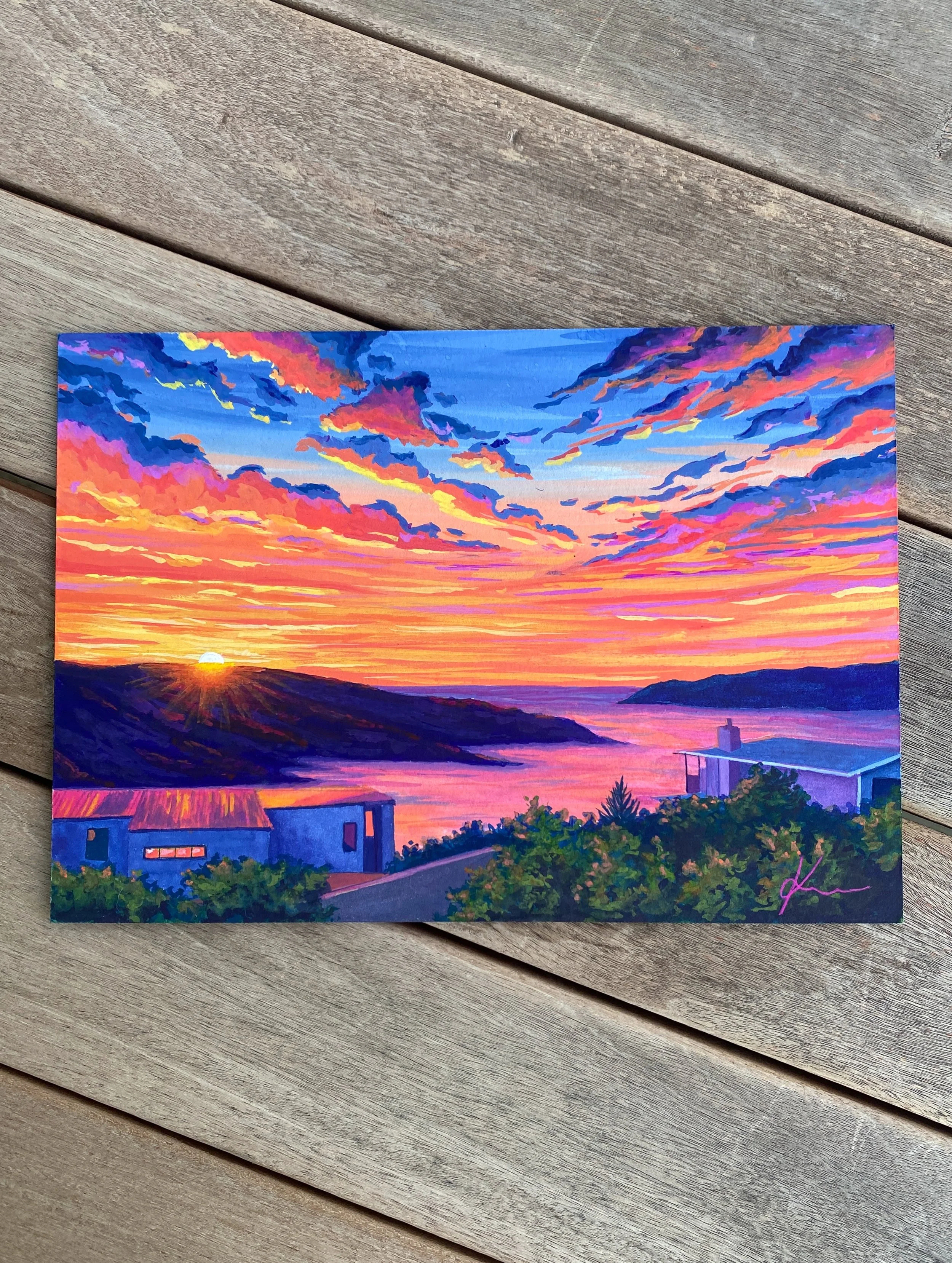 I was commissioned by the wonderful @jademerematira to paint the view from her granny&rsquo;s house at sunset ☀️ I had so much fun bringing this one to life and i&rsquo;m really proud of how it turned out!

This was my first time painting on hot pres