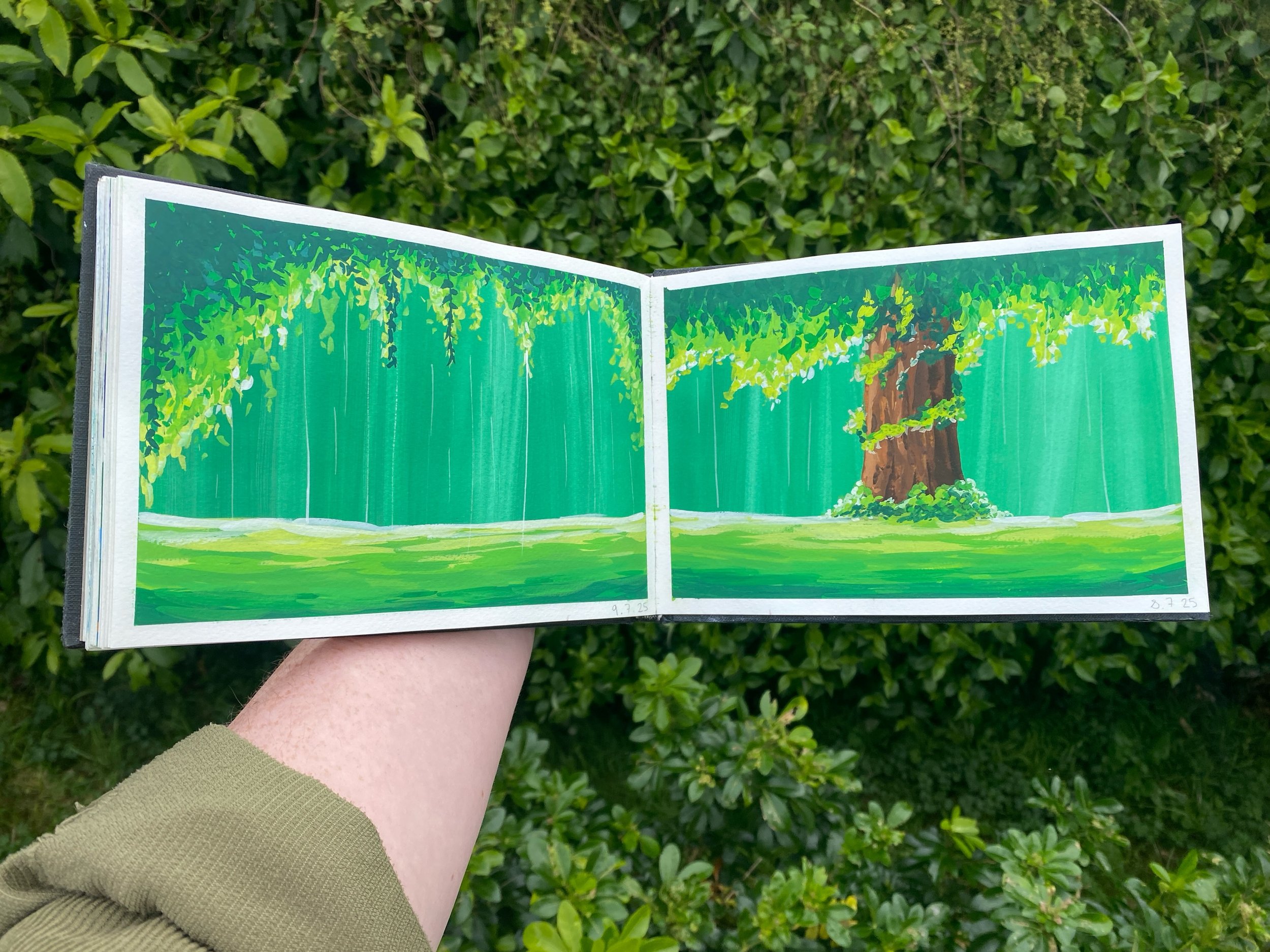 another spread from my sketchbook 🌳 love the colours in this one 🌿🌱💚

#sketchbook #gouache #gouachepainting #landscapepainting #painting