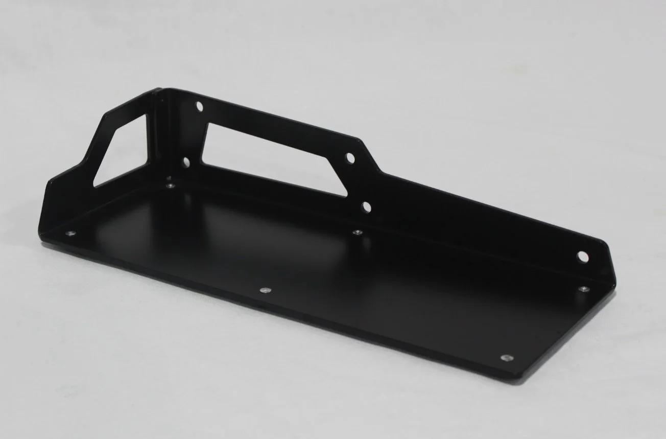 Black metal tray with side handles and multiple mounting holes on a white surface.