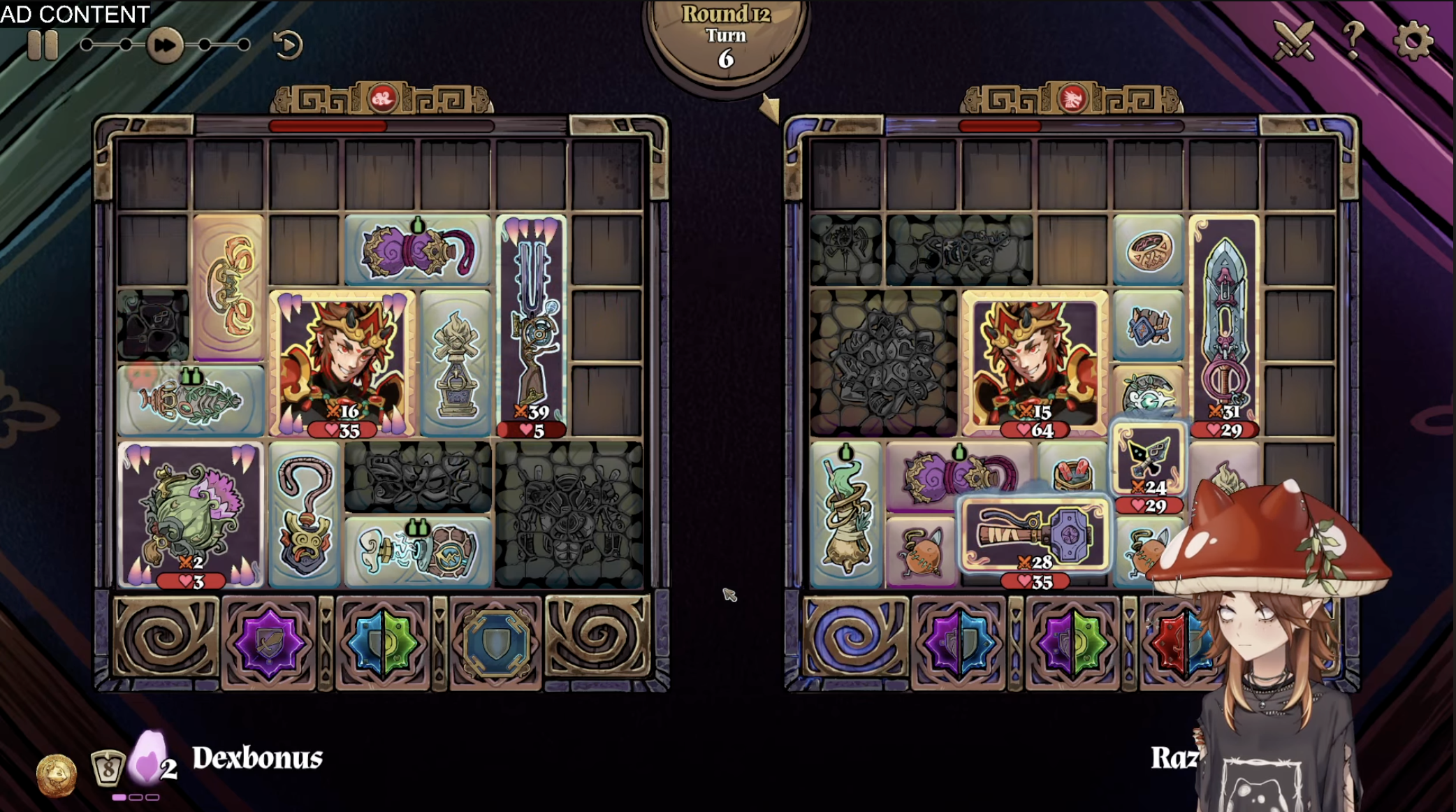 Screenshot of the game 'Turnbound', a strategic card game with two players, each with face cards and various game elements, in round 12 with turn 6. An avatar of Dexbonus in a mushroom hat is visible in the bottom right corner.