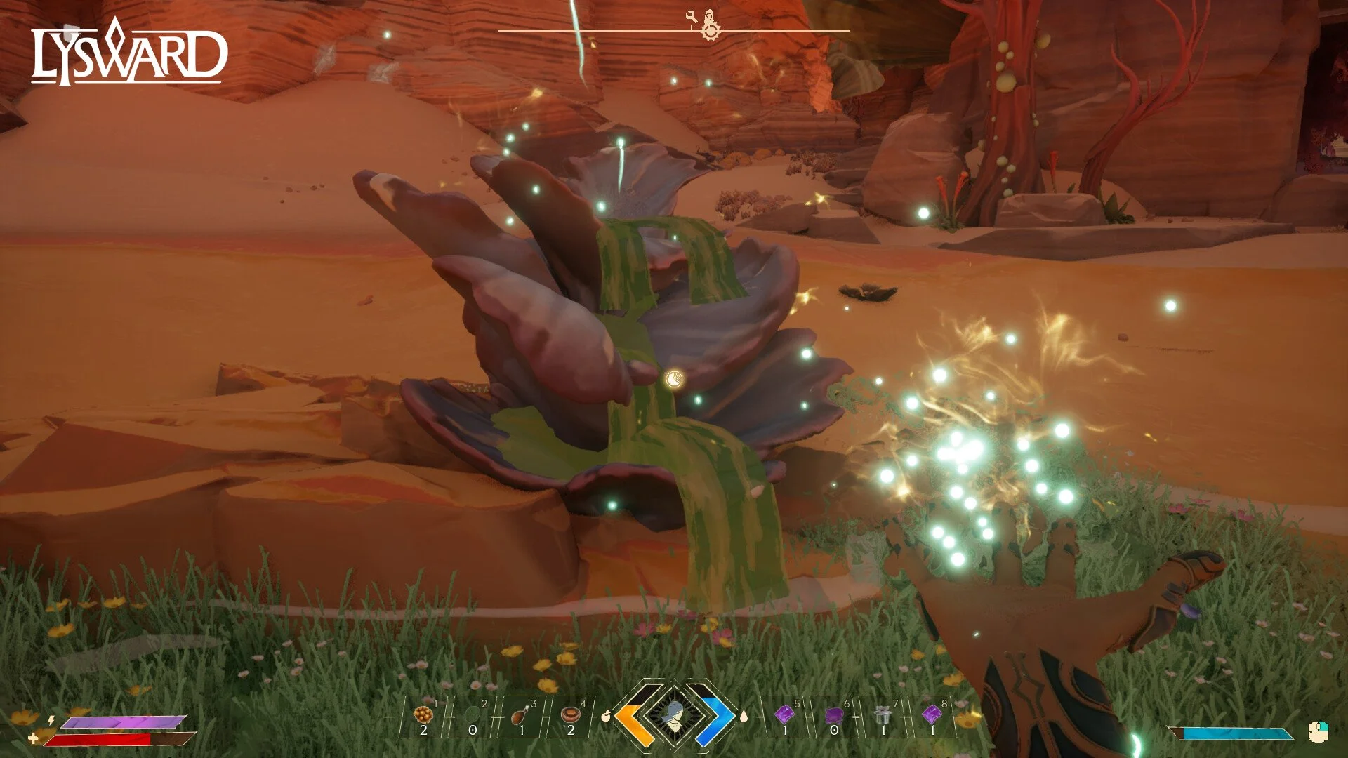 In a fantasy video game scene, a hand casts a spell towards a glowing plant in a desert landscape with rocks, trees, and cliffs in the background.