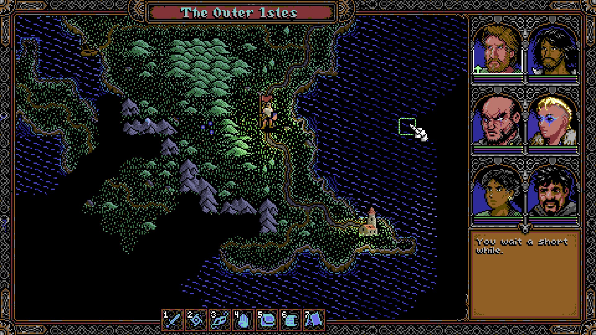 A pixel art screenshot from an RPG game showing an island with trees, mountains, and water. A character is standing on a path near the coastline. On the right, there are portraits of six characters with health bars, and text box reading 'You wait a short while.' at the bottom.