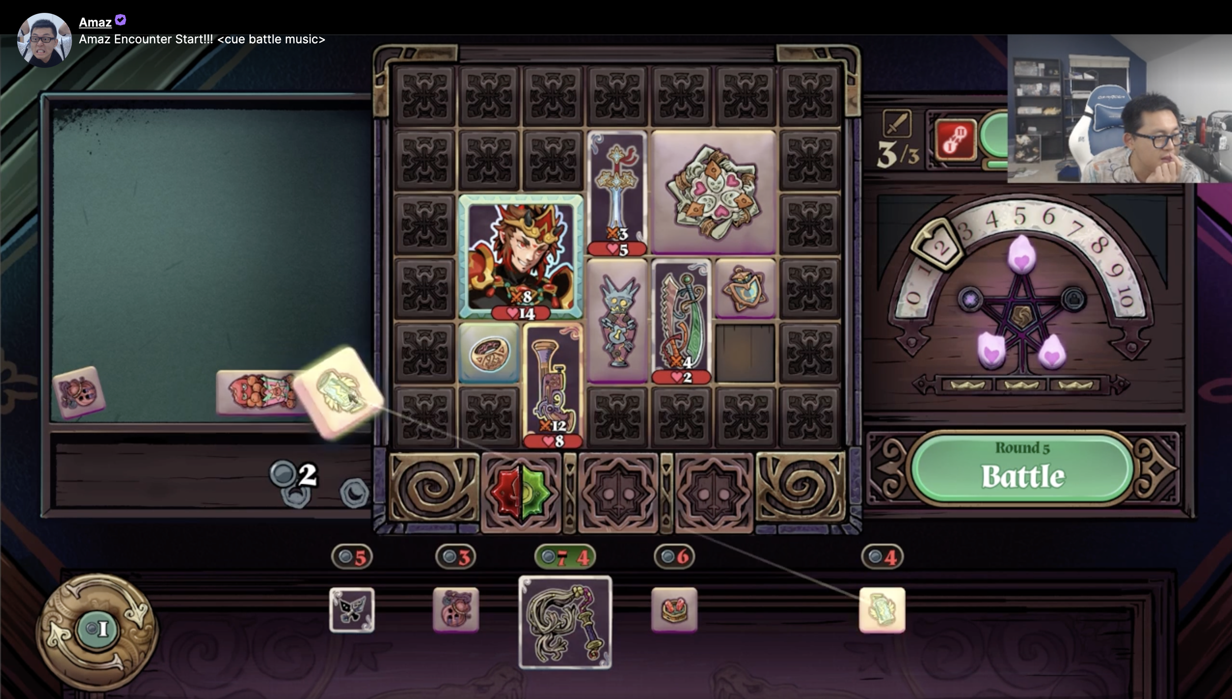 Screenshot of a digital fantasy-themed chess or strategy game with multiple characters and tokens on a grid, a round meter on the right, and a small inset of a person playing at a desk with gaming equipment and shelves in the background.