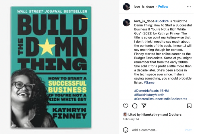 Book cover titled 'Build The Damn Thing' by Kathryn Finney, with a black and white portrait of the author wearing glasses, set against a teal background with yellow and black text elements.