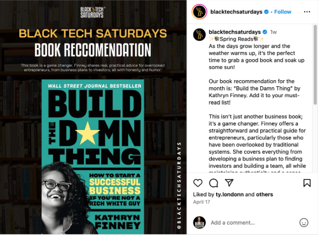 Book cover titled 'Build the Damn Thing' by Kathryn Finney, featured in a social media post about Black Tech Saturdays, with a smiling woman on the cover and a star symbol in the title.