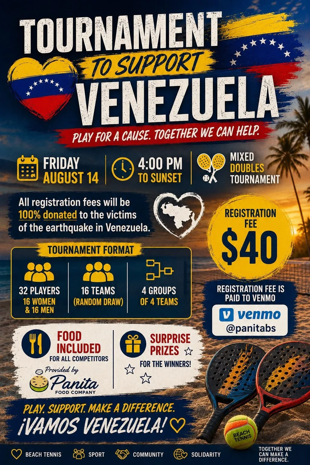 Mixed Doubles Beach Tennis Tournament Fundraiser in Santa Monica for Venezuela Relief