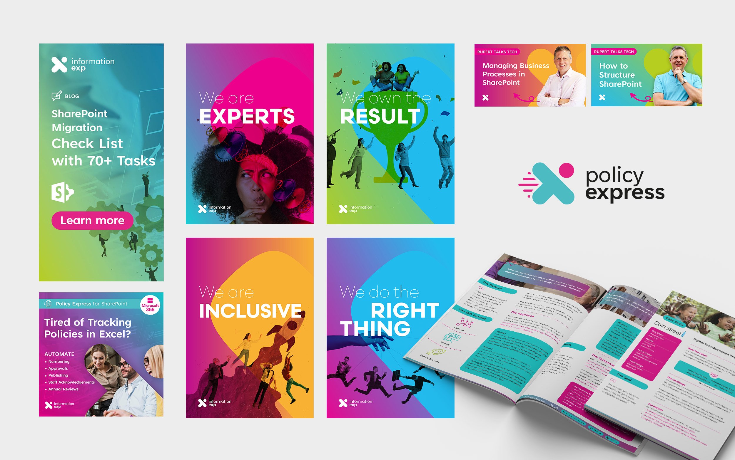Branded assets for paid advertising, office value posters and case studies