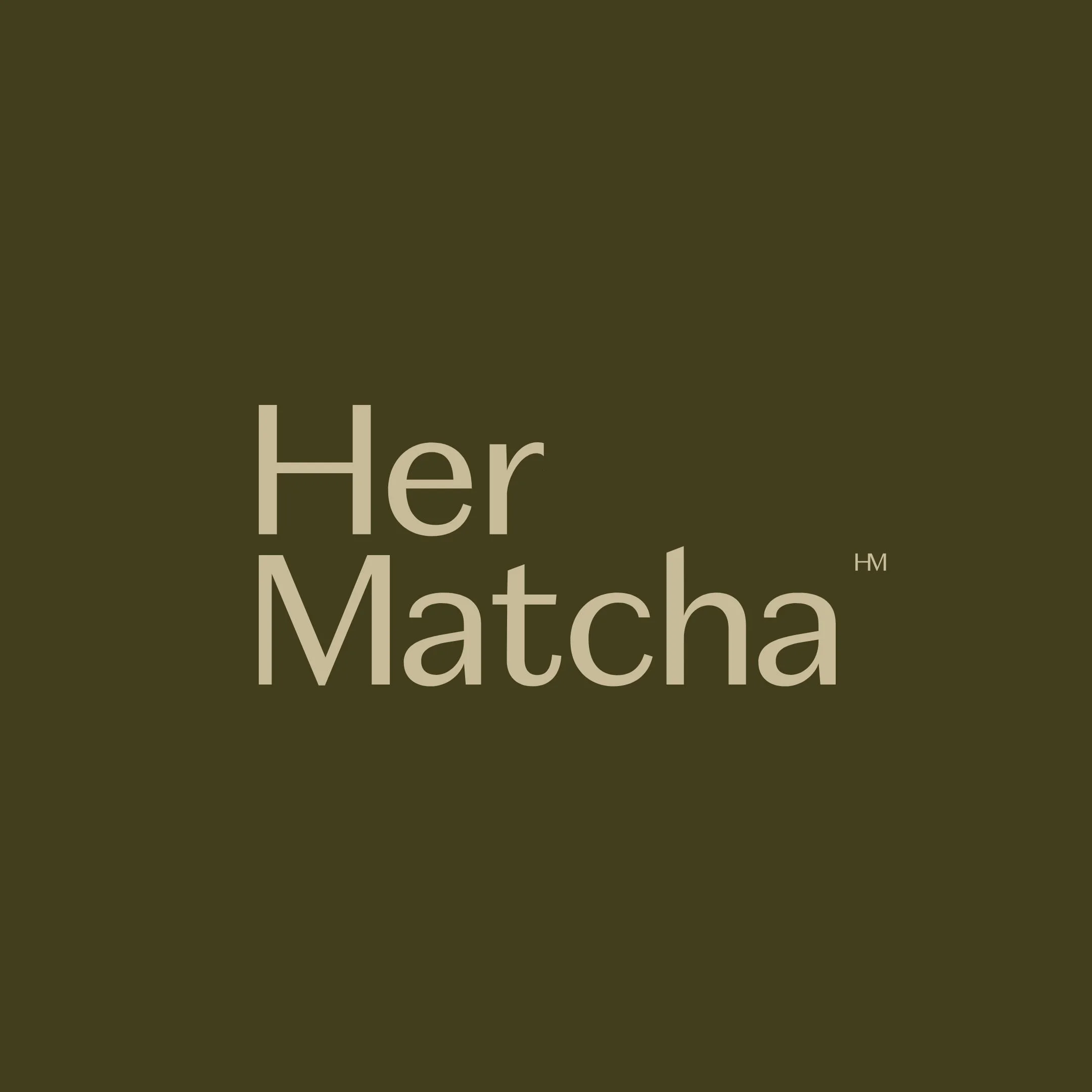 Brand logo with the text "Her Matcha" on a dark green background.
