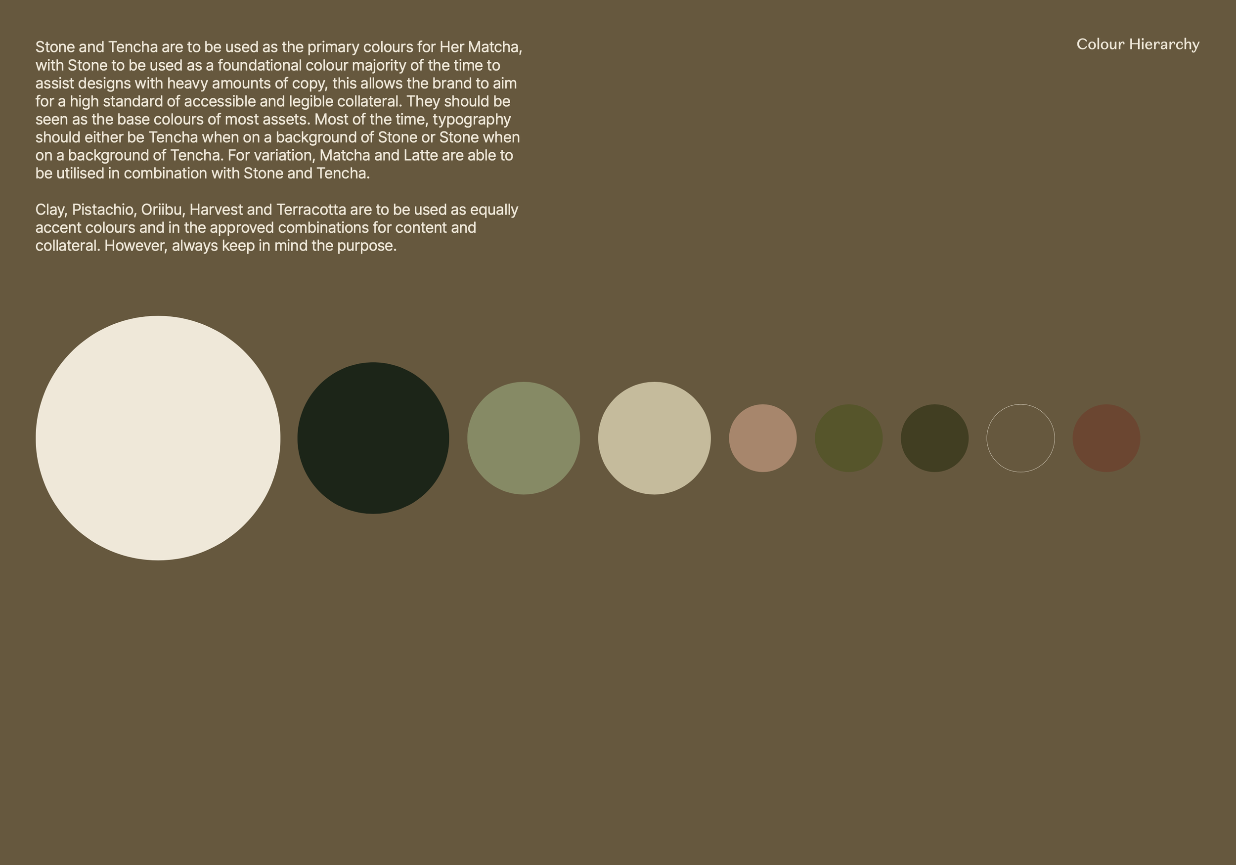 Text describing color hierarchy and use of various colors in design, with large cream-colored circle, followed by smaller circles in dark green, muted green, beige, light pink, olive green, dark olive, empty circle, and reddish-brown.