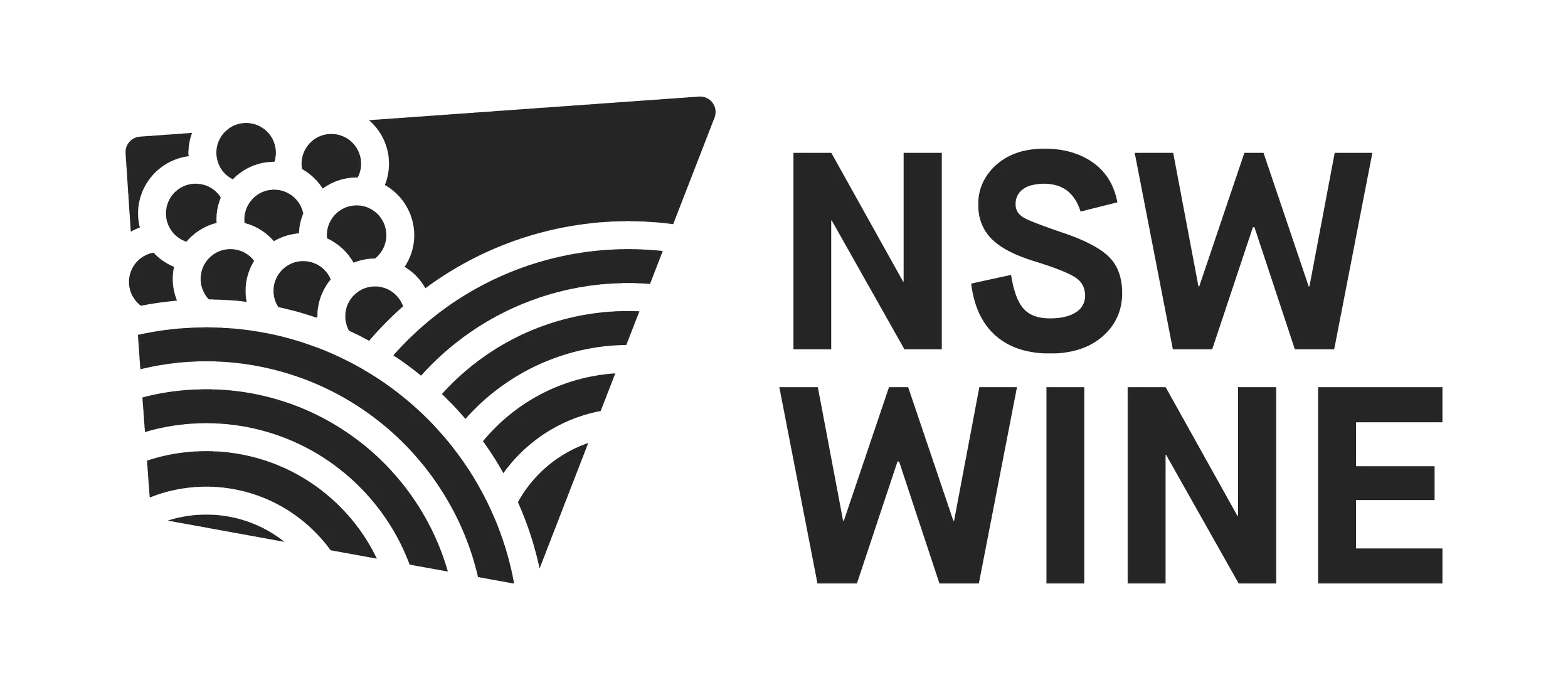Black and white logo of NSW Wine with stylized wine grapes and a wine glass.