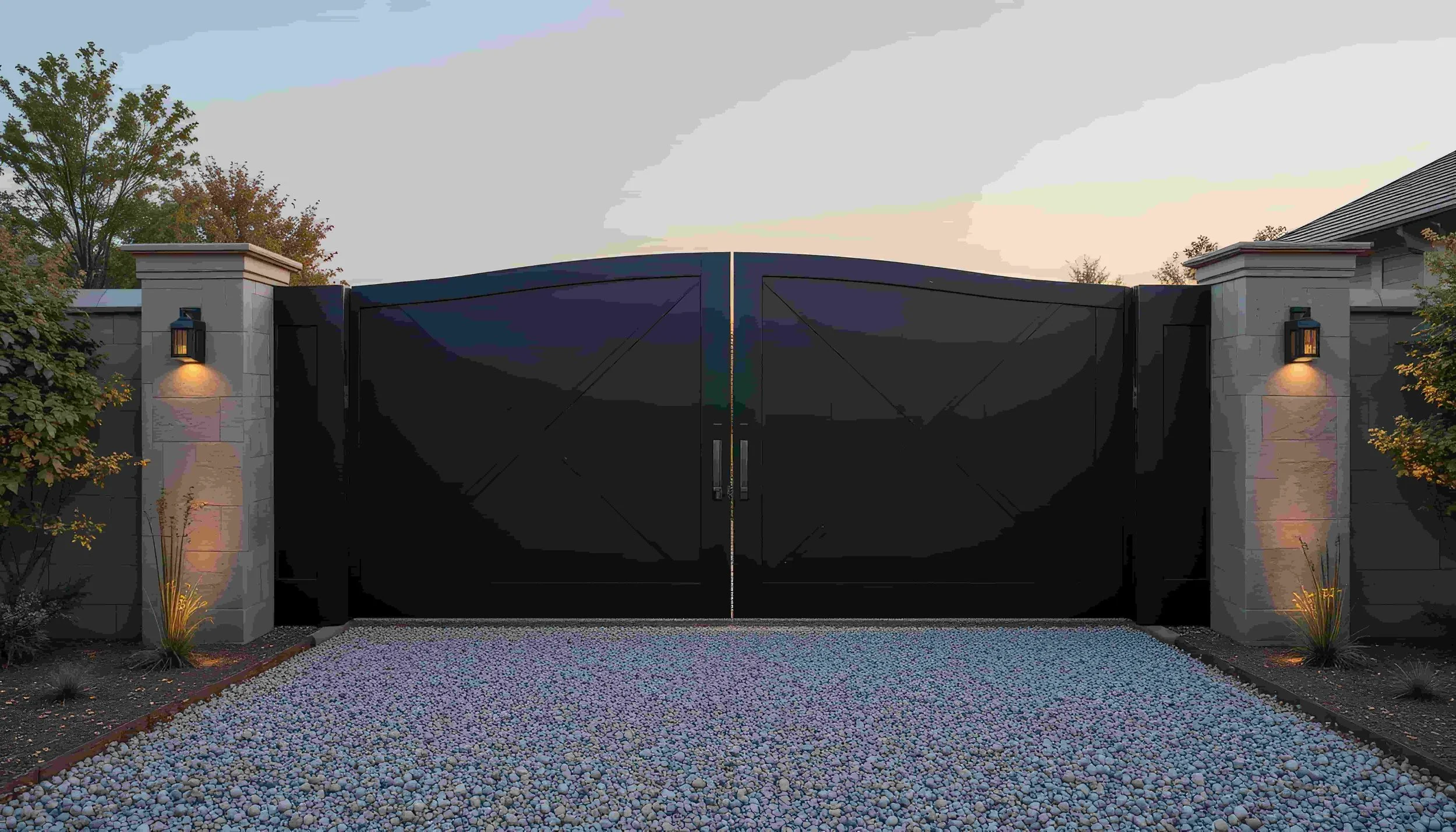 Double-leaf steel panel driveway gate with arched top and cross brace detail, set between rendered stone pillars with wall lighting at dusk