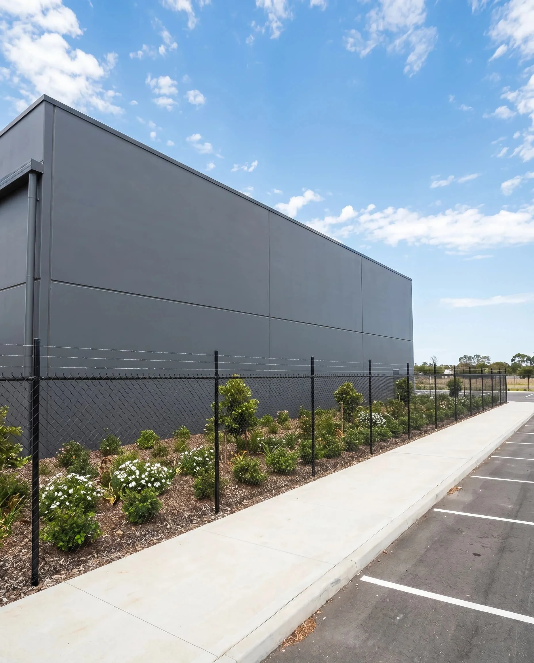 Black chainwire security fencing with barbed wire topping installed at commercial warehouse by TG Wheeler Contracting