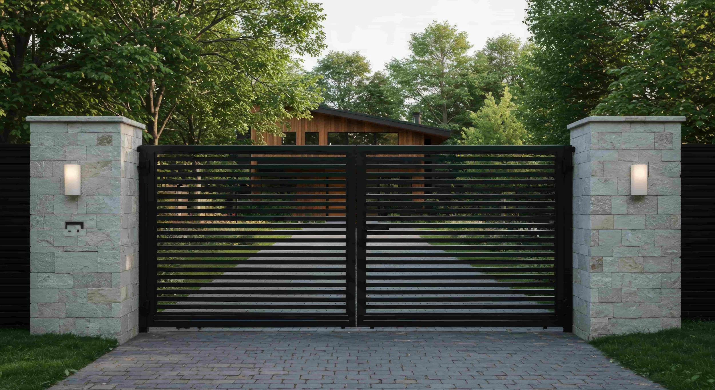 Double-leaf black steel horizontal slat driveway gate set between rendered stone pillars with wall lighting