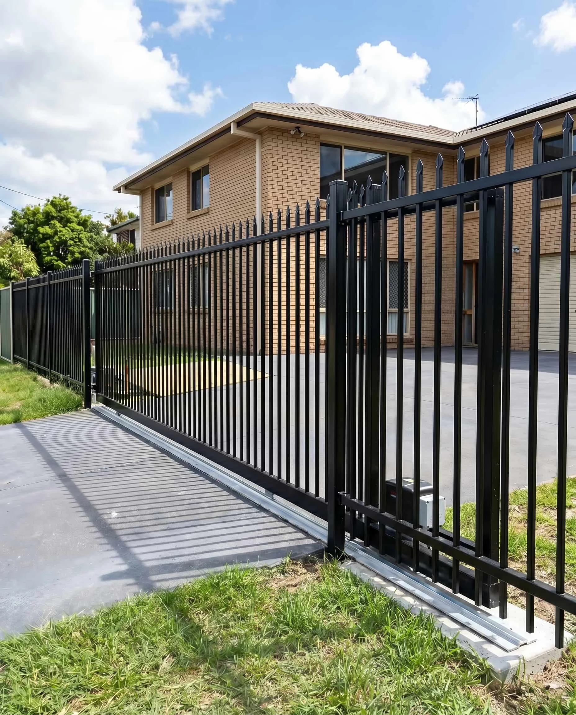 Black steel automatic sliding gate with spear tops installed at residential property driveway entrance