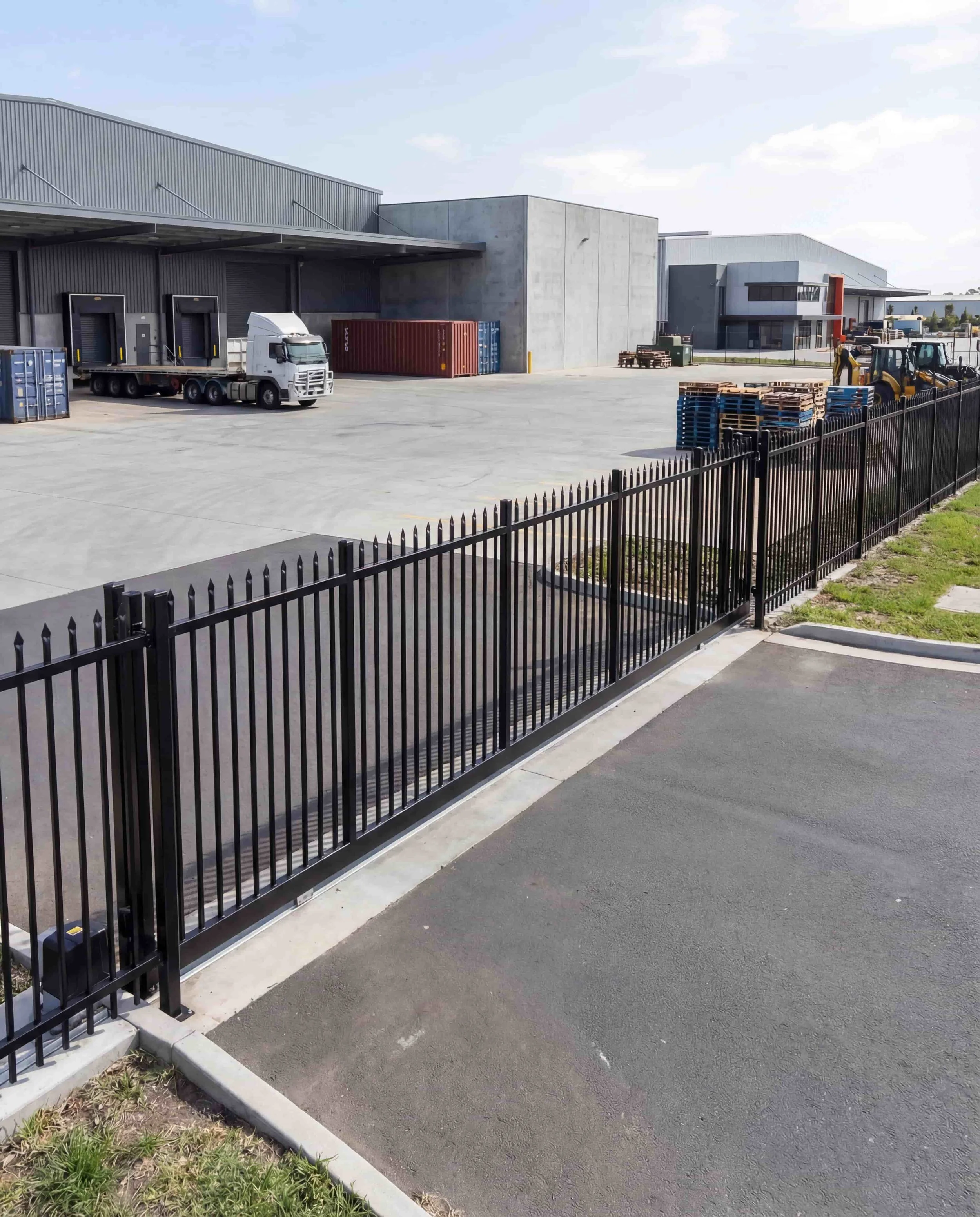 Black steel automatic sliding gate with spear tops at busy industrial warehouse entrance, automatic gate installers Northern Rivers NSW
