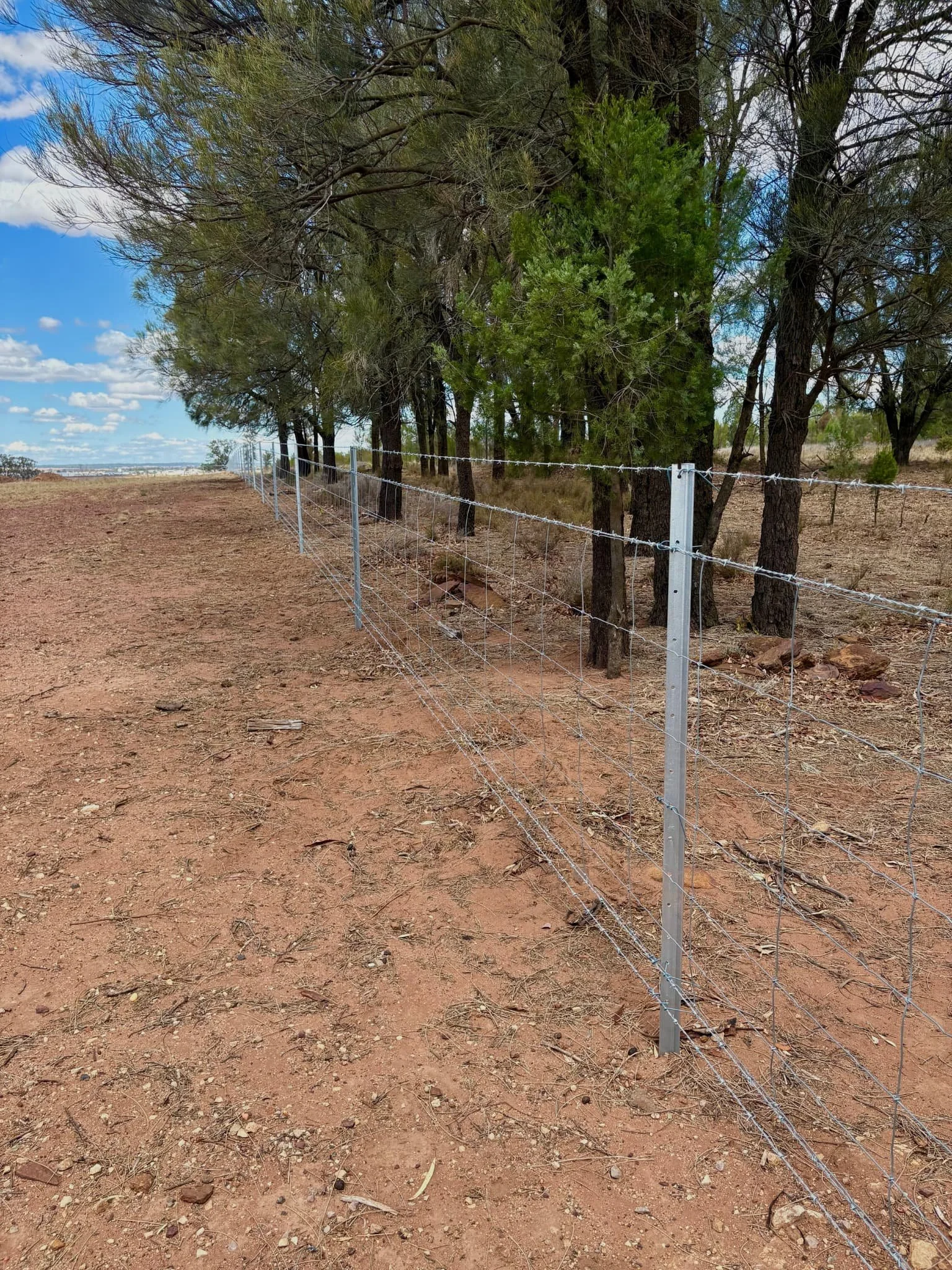 Hinge joint barb fencing with steel pickets on dry rural property, TG Wheeler Contracting NSW